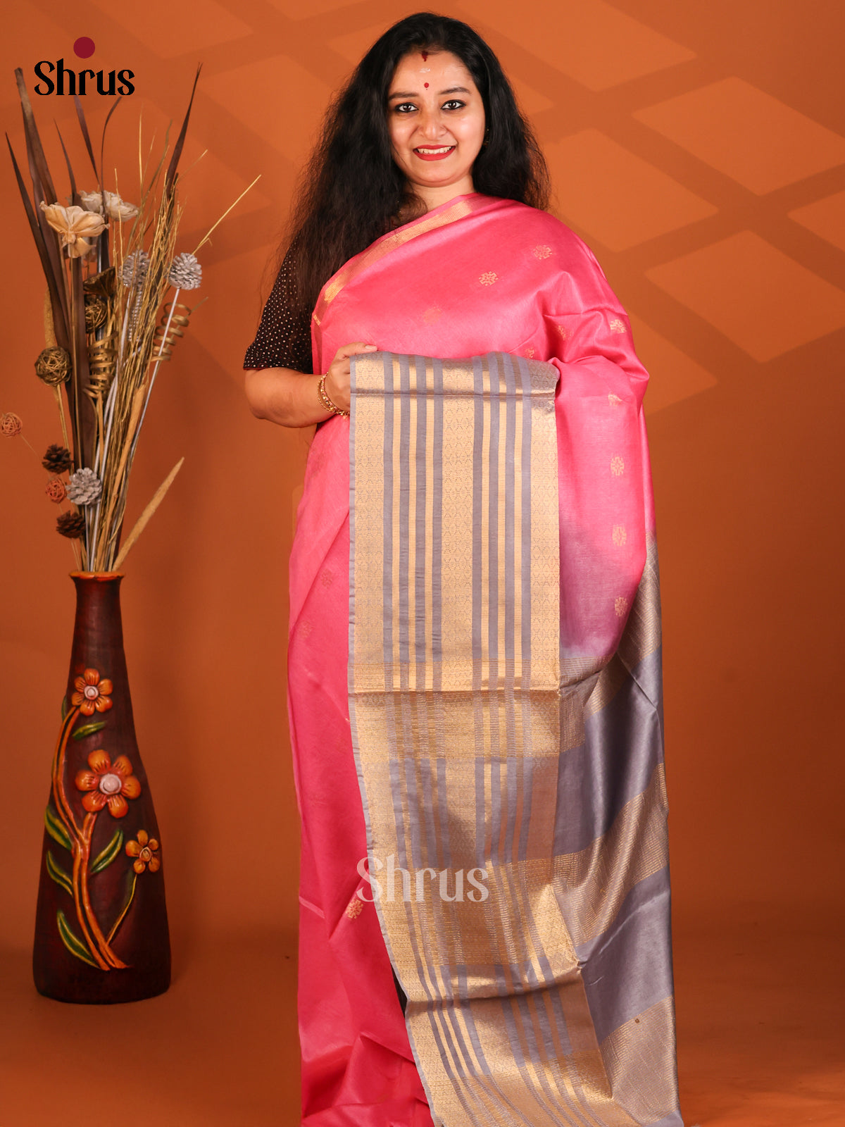 Pink & Grey- Semi Tussar Saree - Shop on Shrus.com