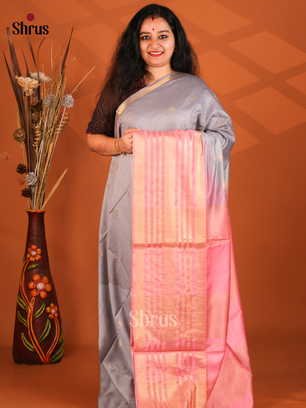 Grey & Pink - Semi Tussar Saree - Shop on Shrus.com
