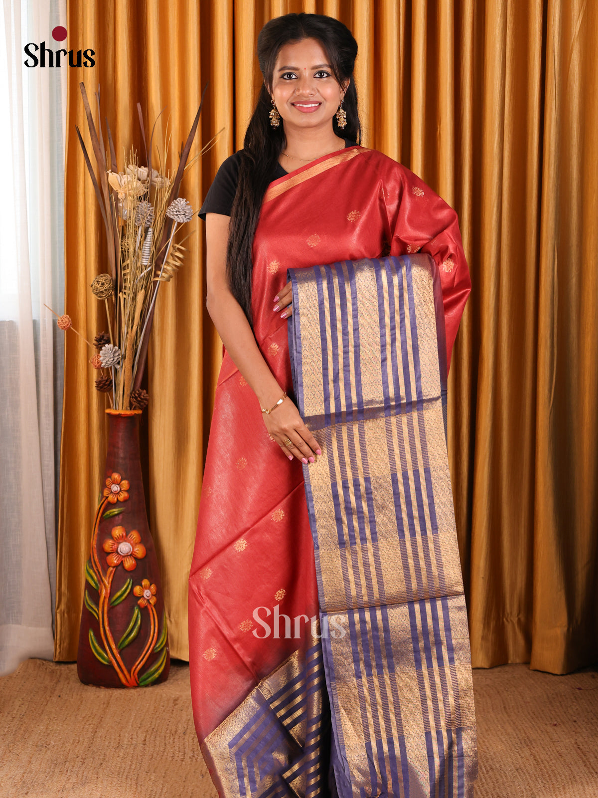 Red & Blue - Semi Tussar Saree - Shop on Shrus.com
