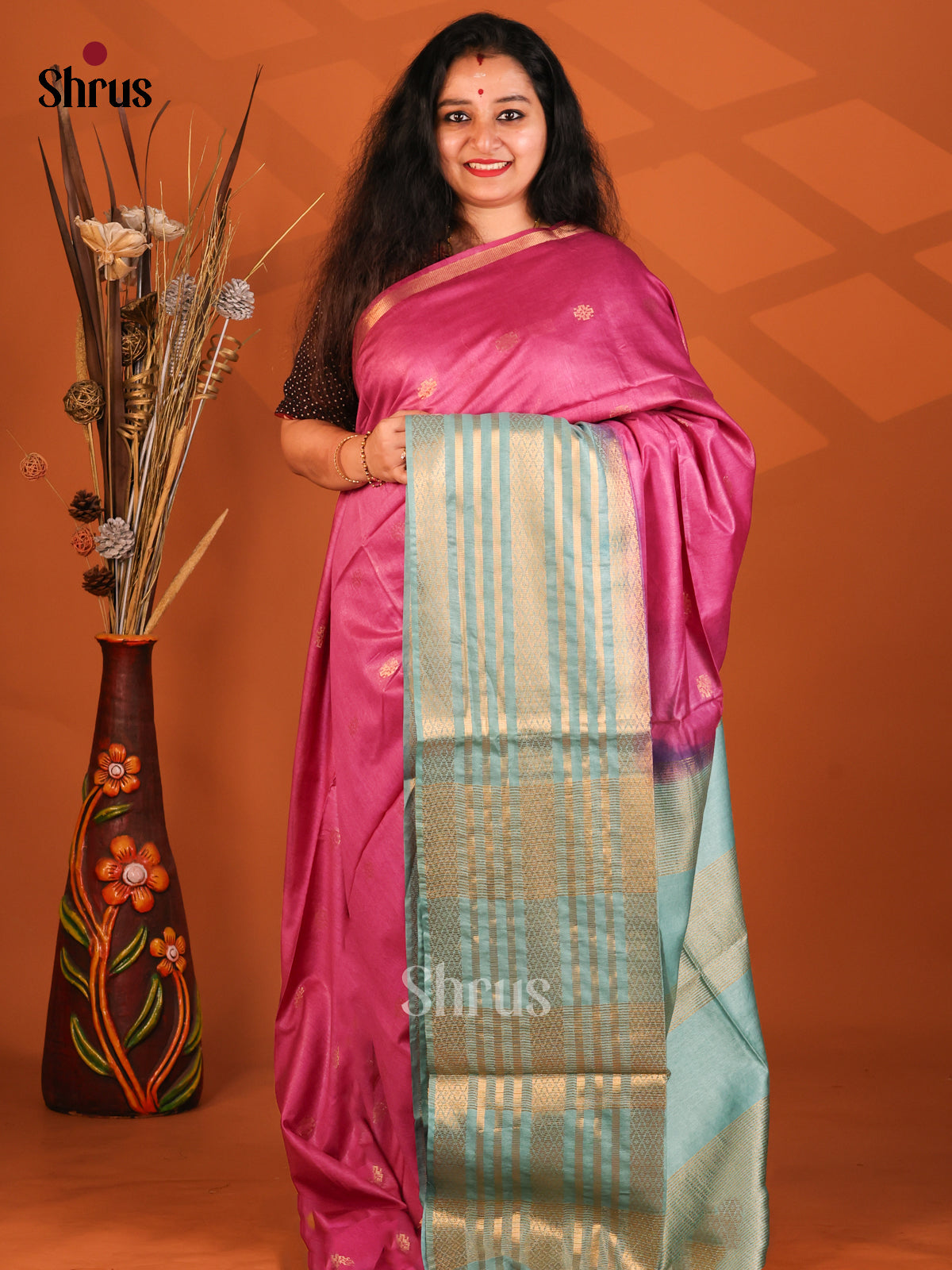 Pink & Grey- Semi Tussar Saree - Shop on Shrus.com