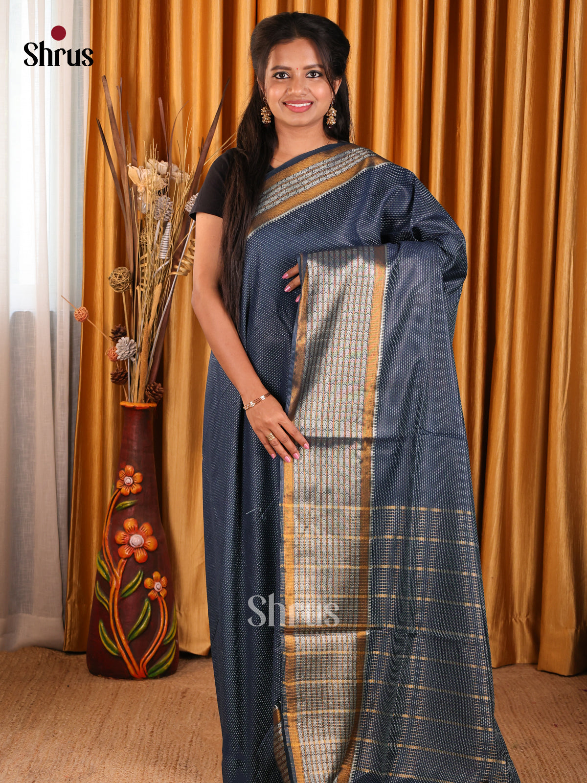 Blue- Semi Tussar Saree - Shop on Shrus.com