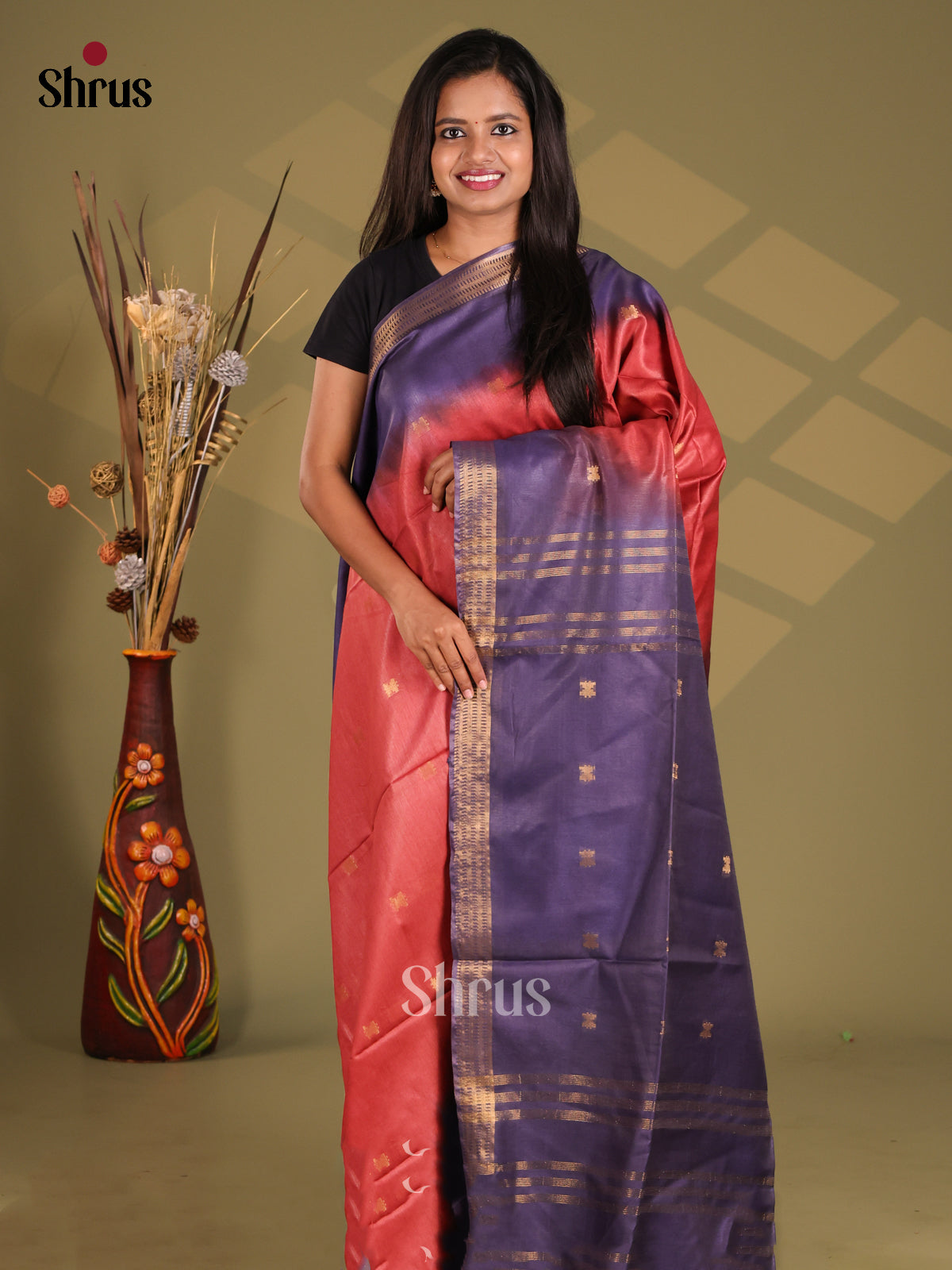 Red & Blue - Semi Tussar Saree - Shop on Shrus.com