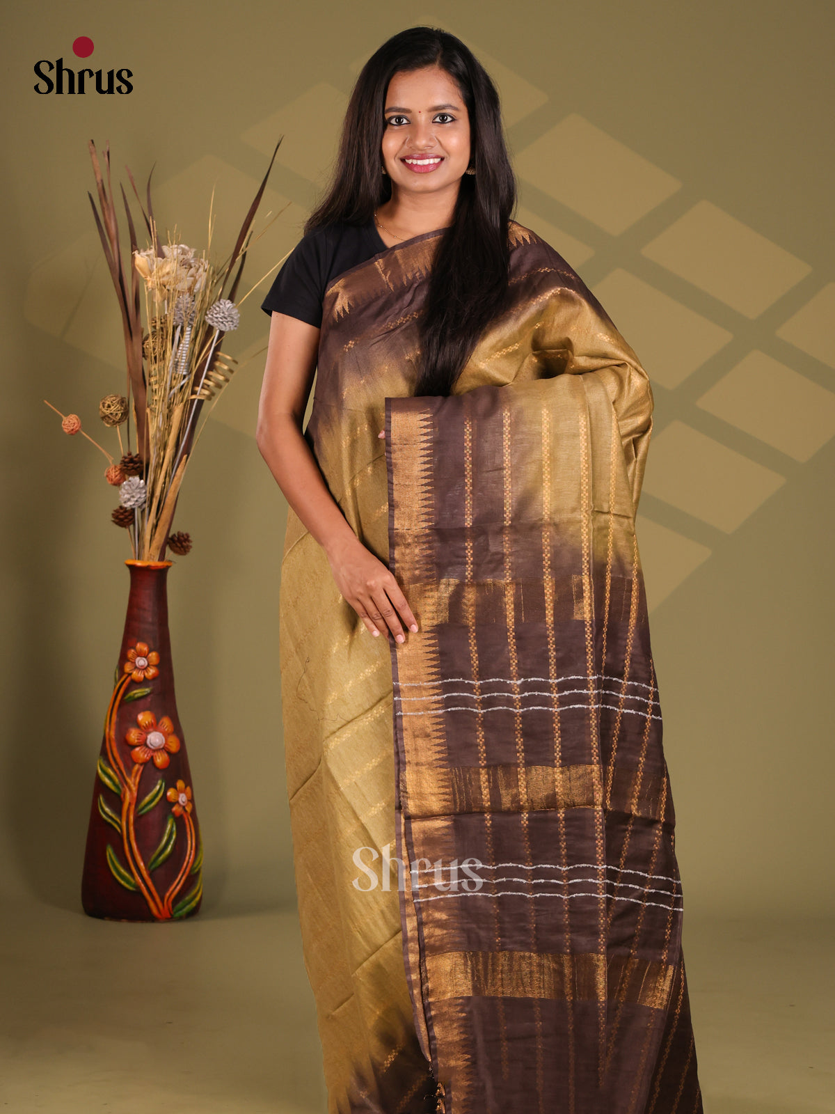 Chikoo & Brown- Semi Tussar Saree - Shop on Shrus.com