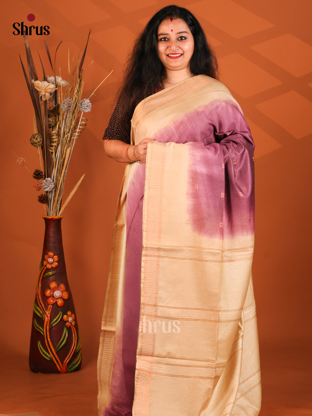 Brown with Cream- Semi Tussar Saree - Shop on Shrus.com