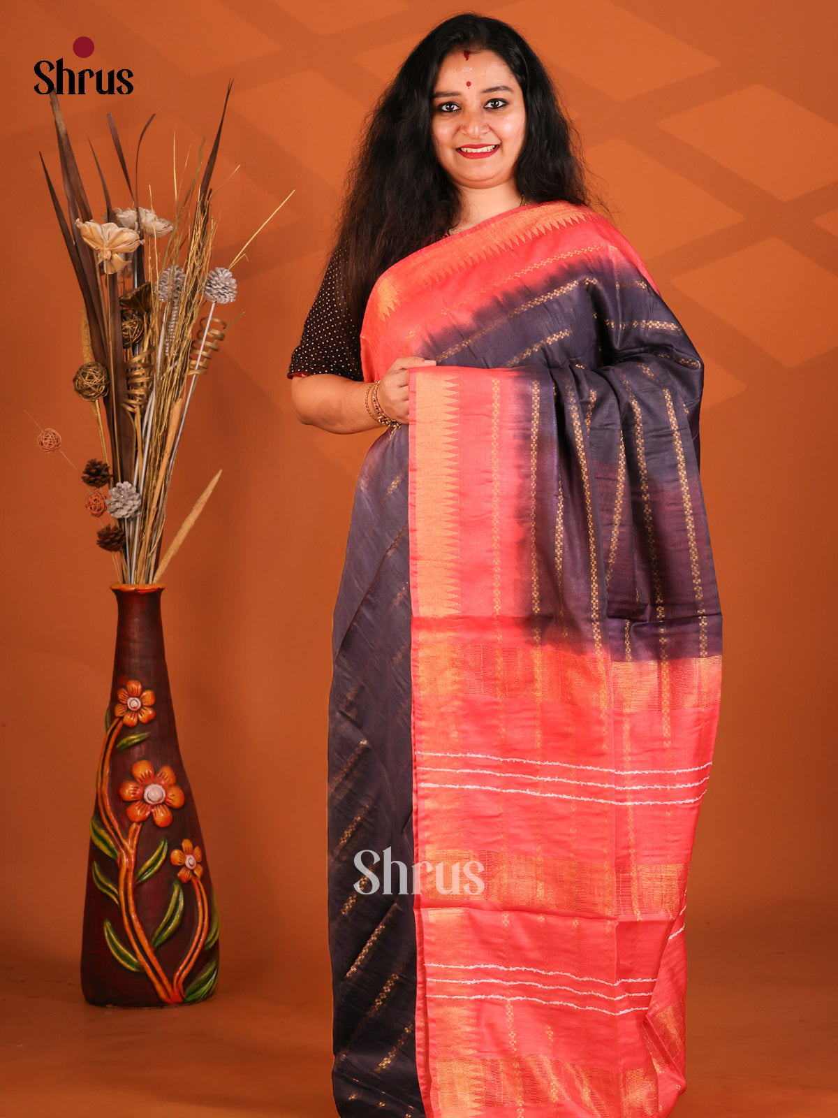 Black & Orangish Pink - Semi Tussar Saree - Shop on Shrus.com