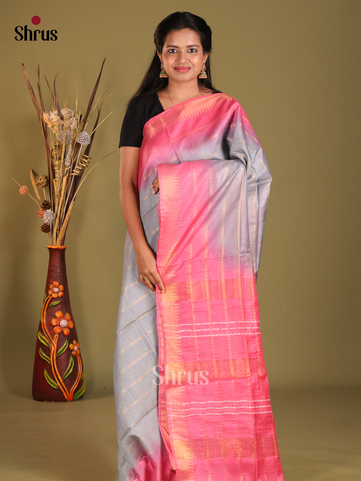 Grey & Pink- Semi Tussar saree - Shop on Shrus.com
