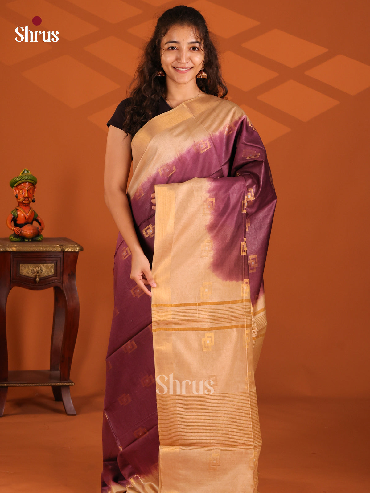 Brown & Cream - Semi Tussar Saree - Shop on Shrus.com