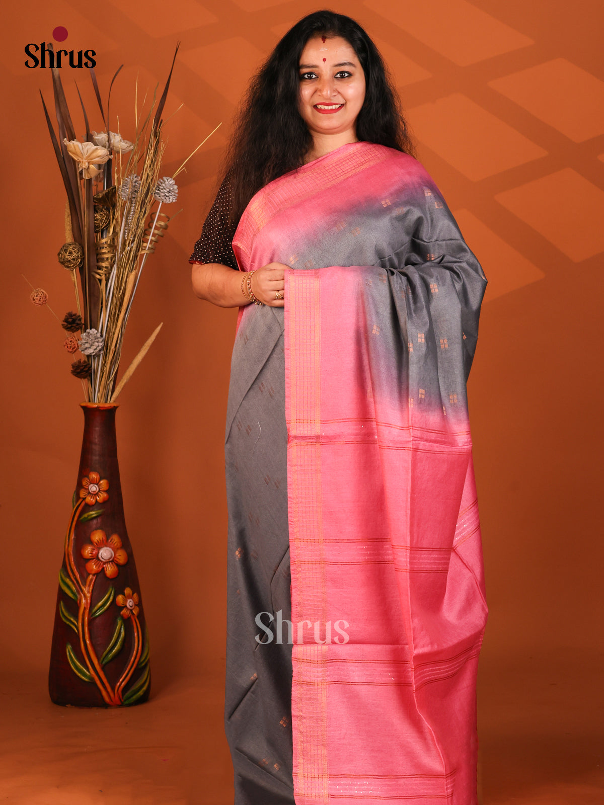 Grey & Pink- Semi Tussar Saree - Shop on Shrus.com