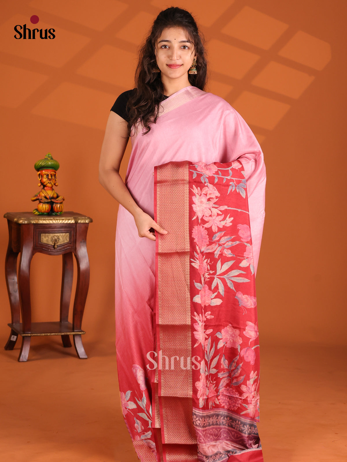 Pink & Red - Semi Crepe Saree - Shop on Shrus.com