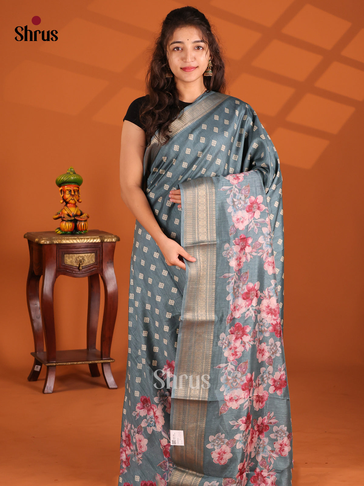 Greyish Blue - Semi Crepe Saree - Shop on Shrus.com