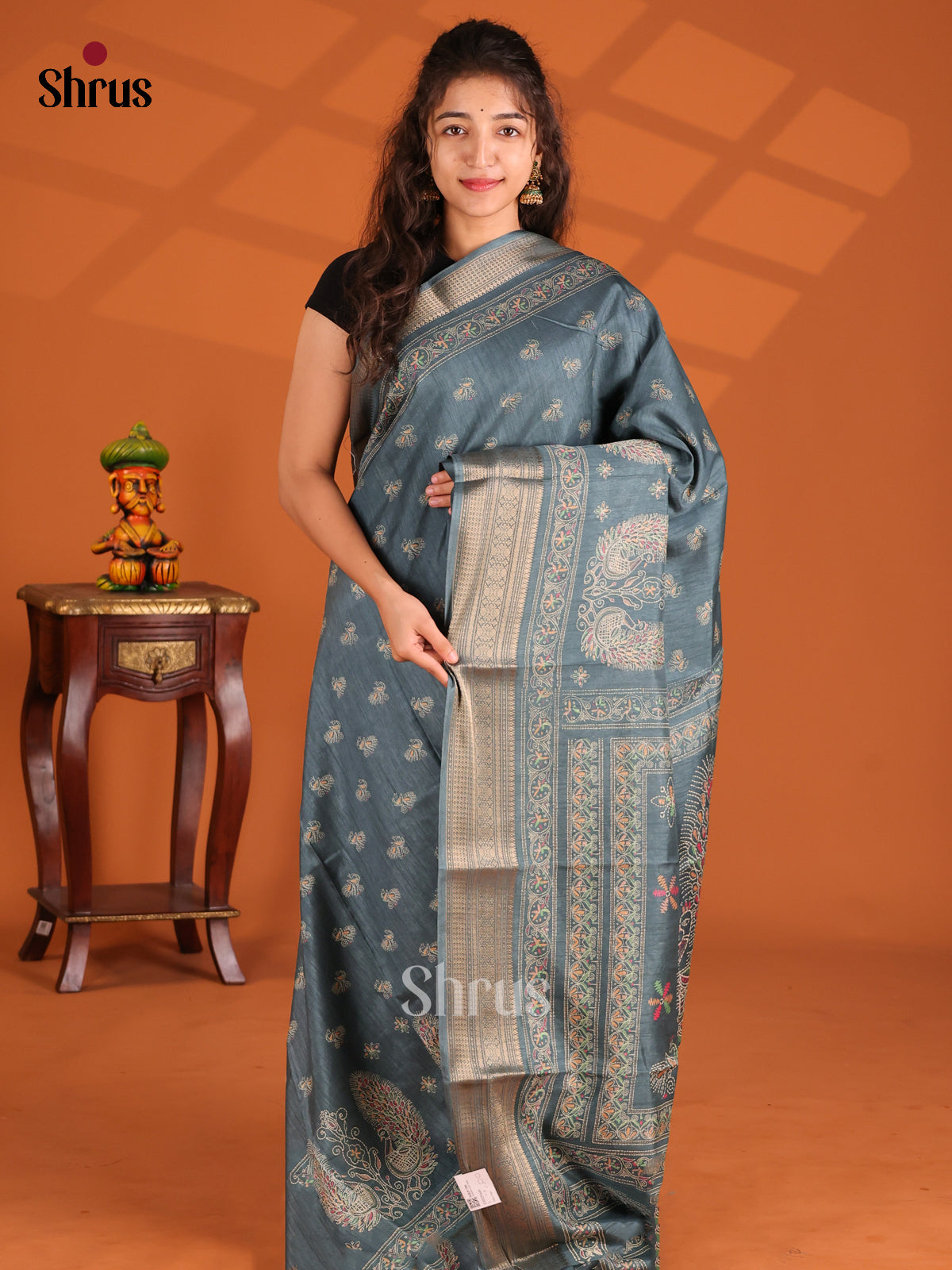 Greyish Blue - Semi Crepe Saree - Shop on Shrus.com