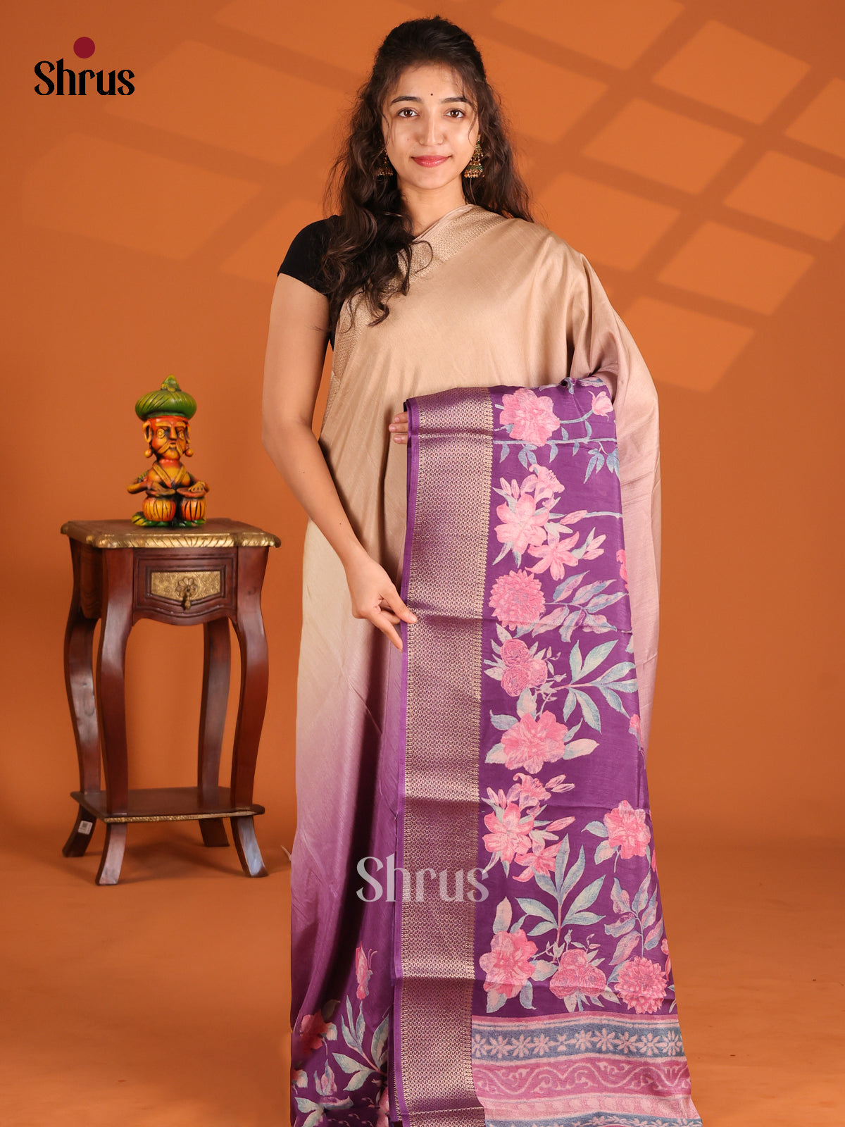 Beige & Purple - Semi Crepe Saree - Shop on Shrus.com