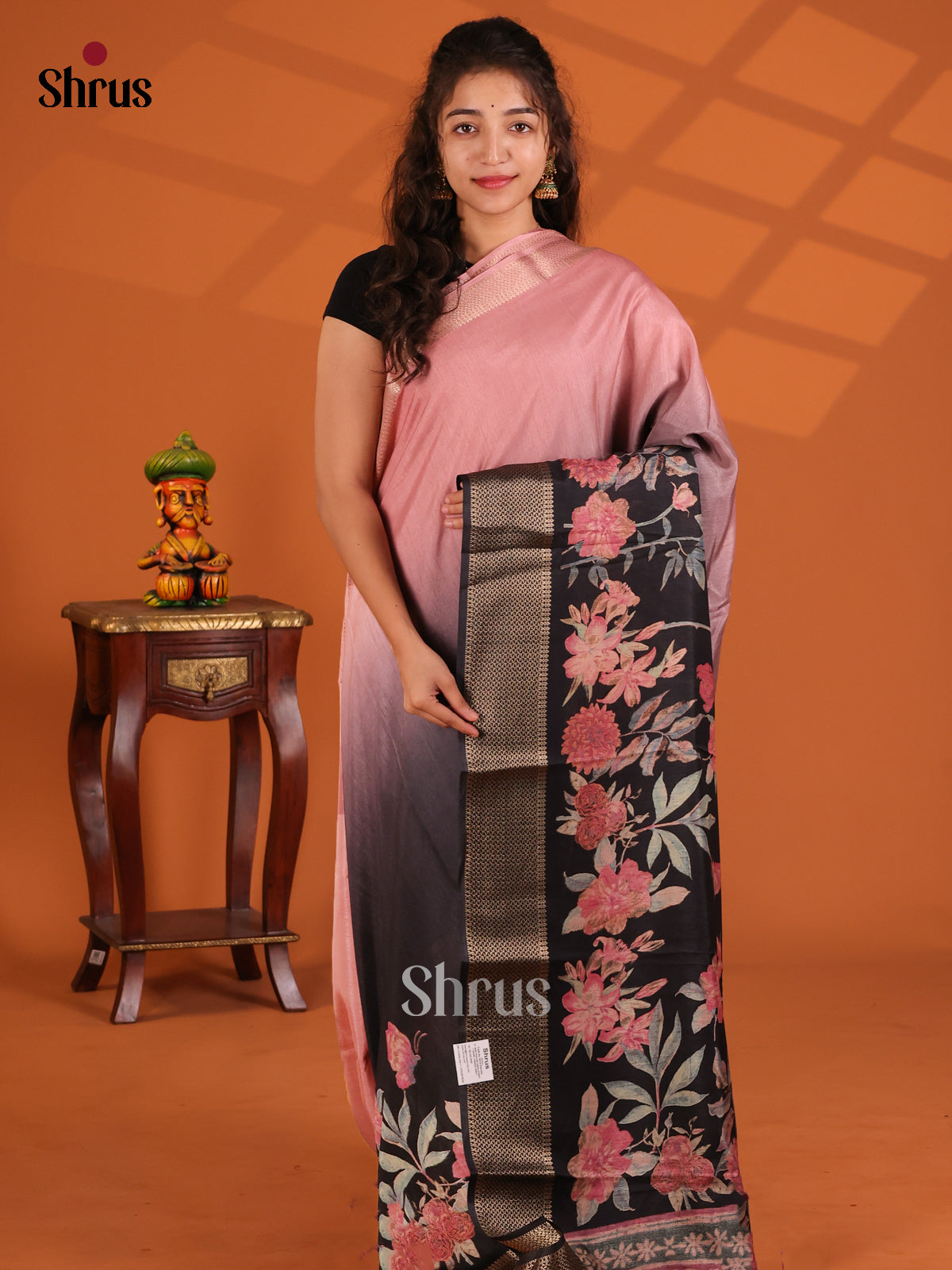 Pink & Black- Semi Crepe Saree - Shop on Shrus.com