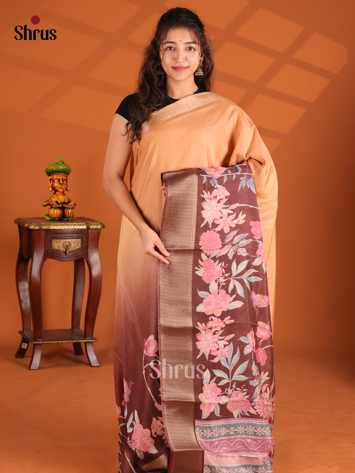 Beige & Brown- Semi Crepe Saree - Shop on Shrus.com