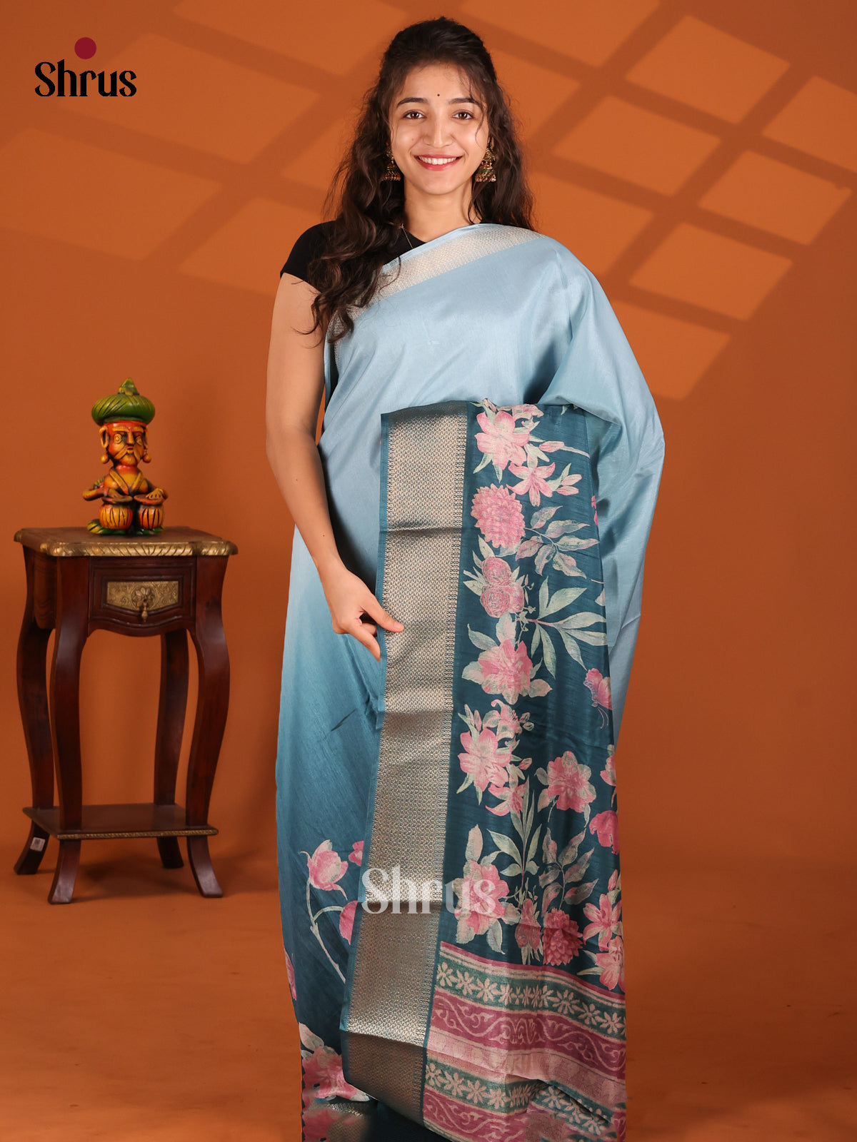 Blue & Teal - Semi Crepe Saree - Shop on Shrus.com