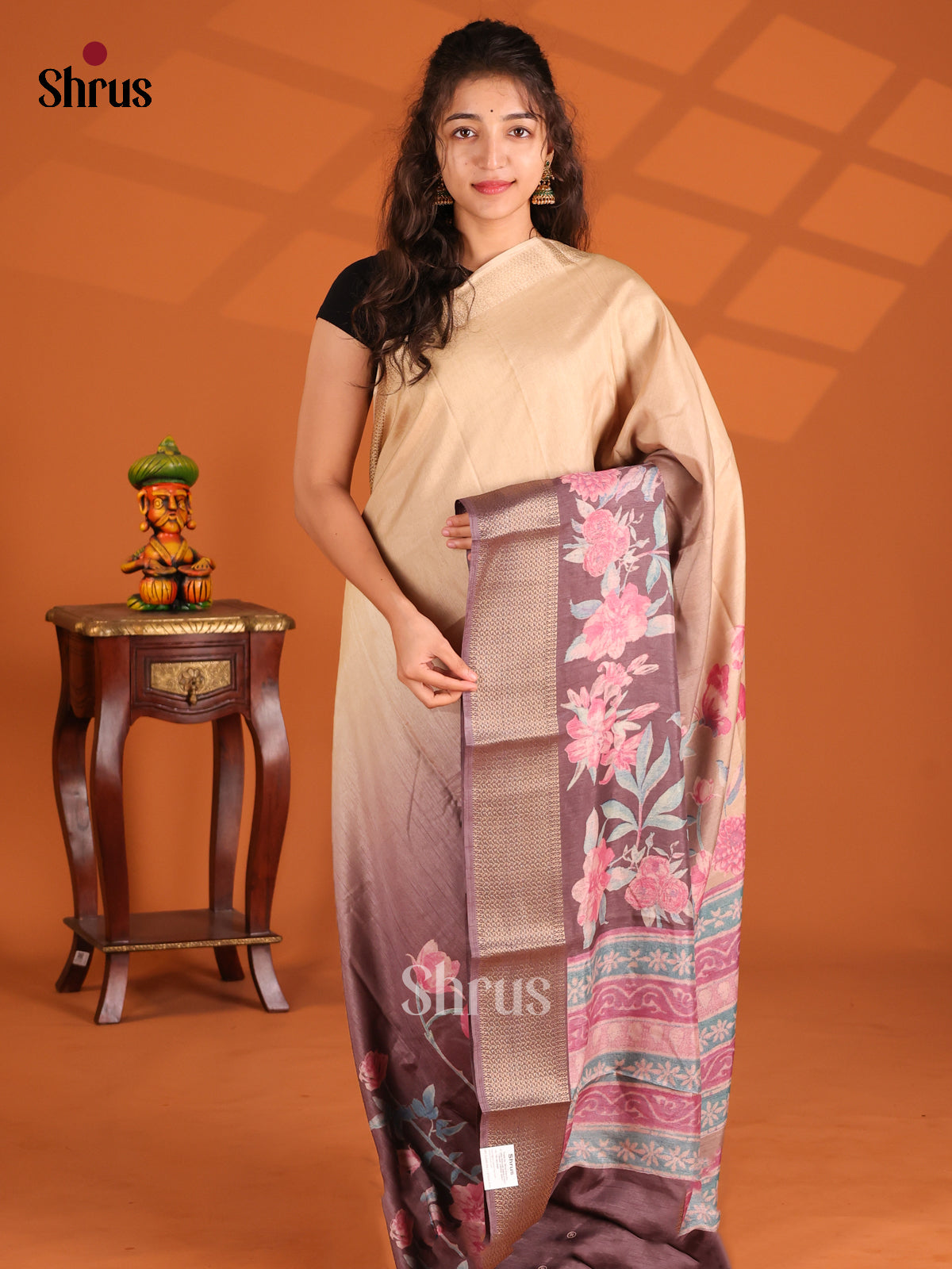 Beige & Dusty Brown - Semi Crepe Saree - Shop on Shrus.com