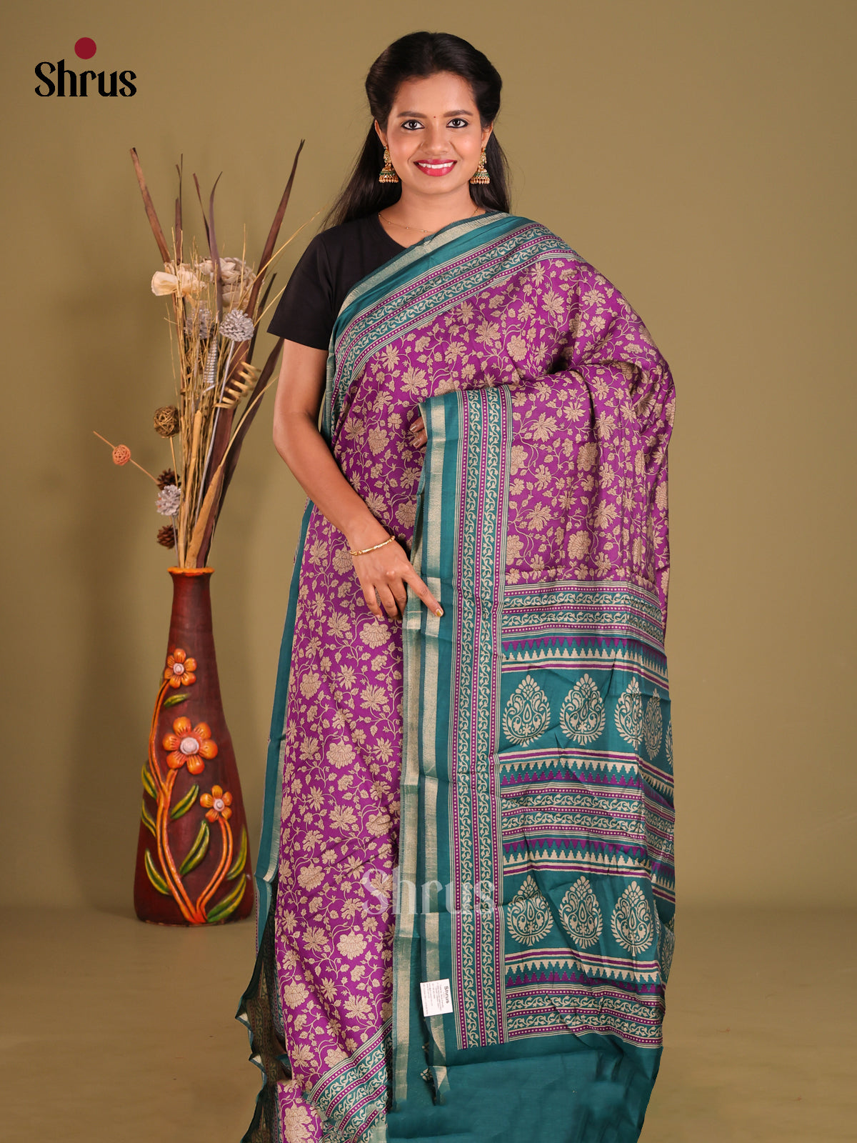 Purple & Peacock Green - Art Modal Saree - Shop on Shrus.com