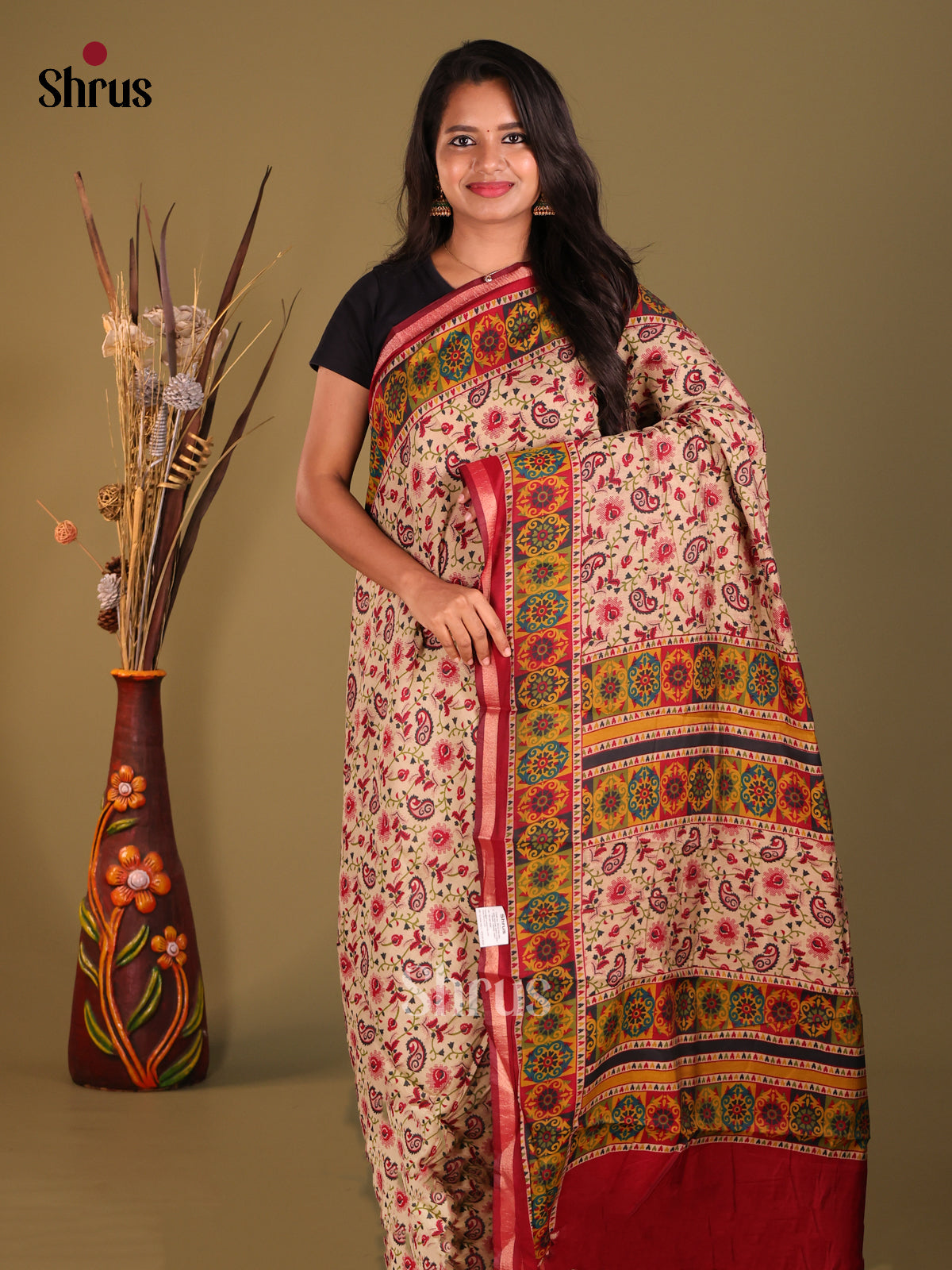Cream & Red - Art Modal Saree - Shop on Shrus.com