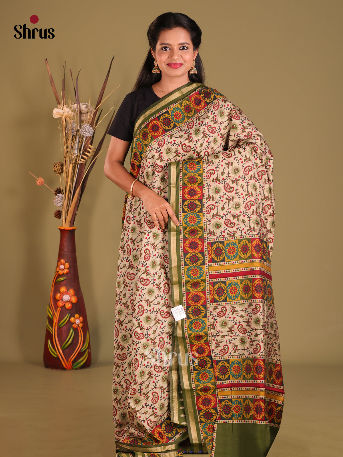 Cream & Green- Art Modal Saree - Shop on Shrus.com