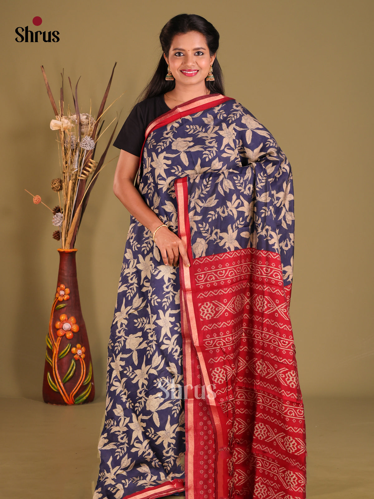 Blue & Red - Art Modal Saree - Shop on Shrus.com