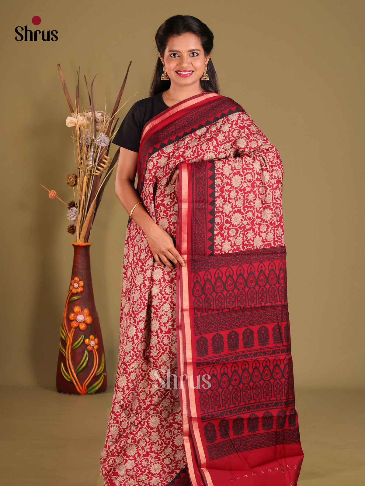 Red & Cream - Art Modal Saree - Shop on Shrus.com
