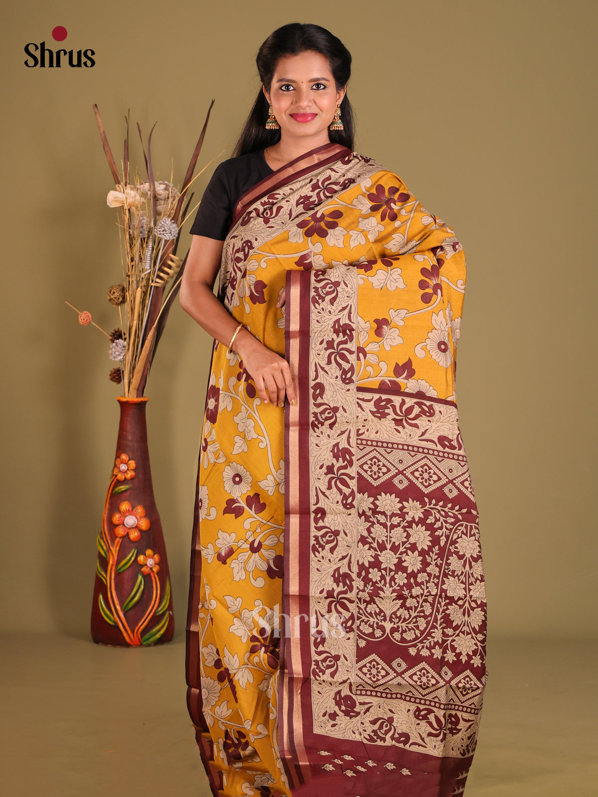 Mustard & Maroon- Art Modal Saree - Shop on Shrus.com