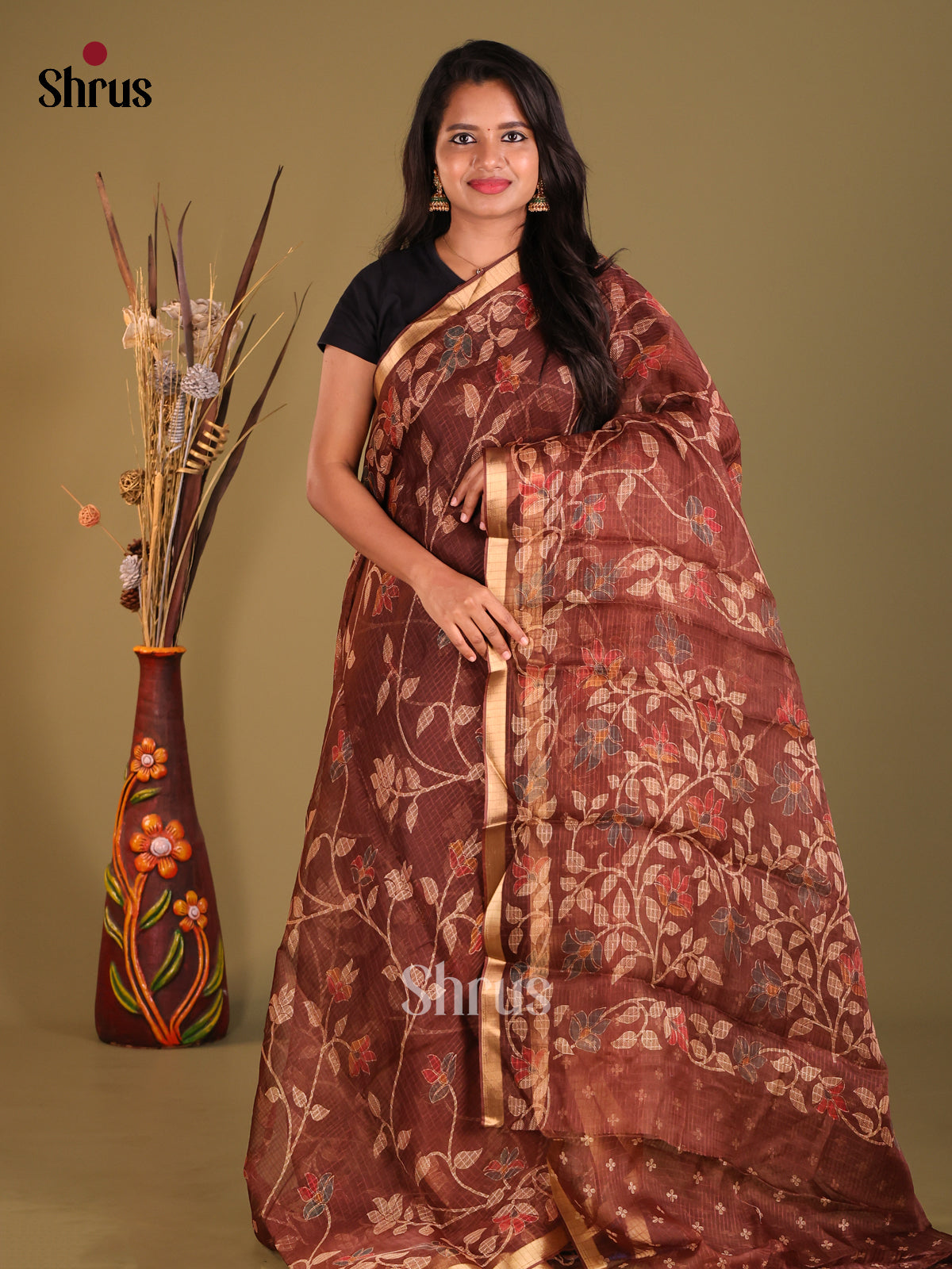 Brown - Kota Cotton Saree - Shop on Shrus.com
