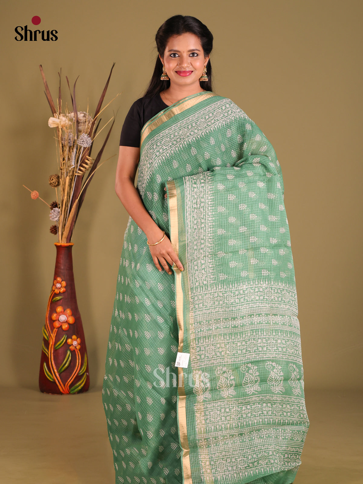 Green - Kota Cotton Saree - Shop on Shrus.com