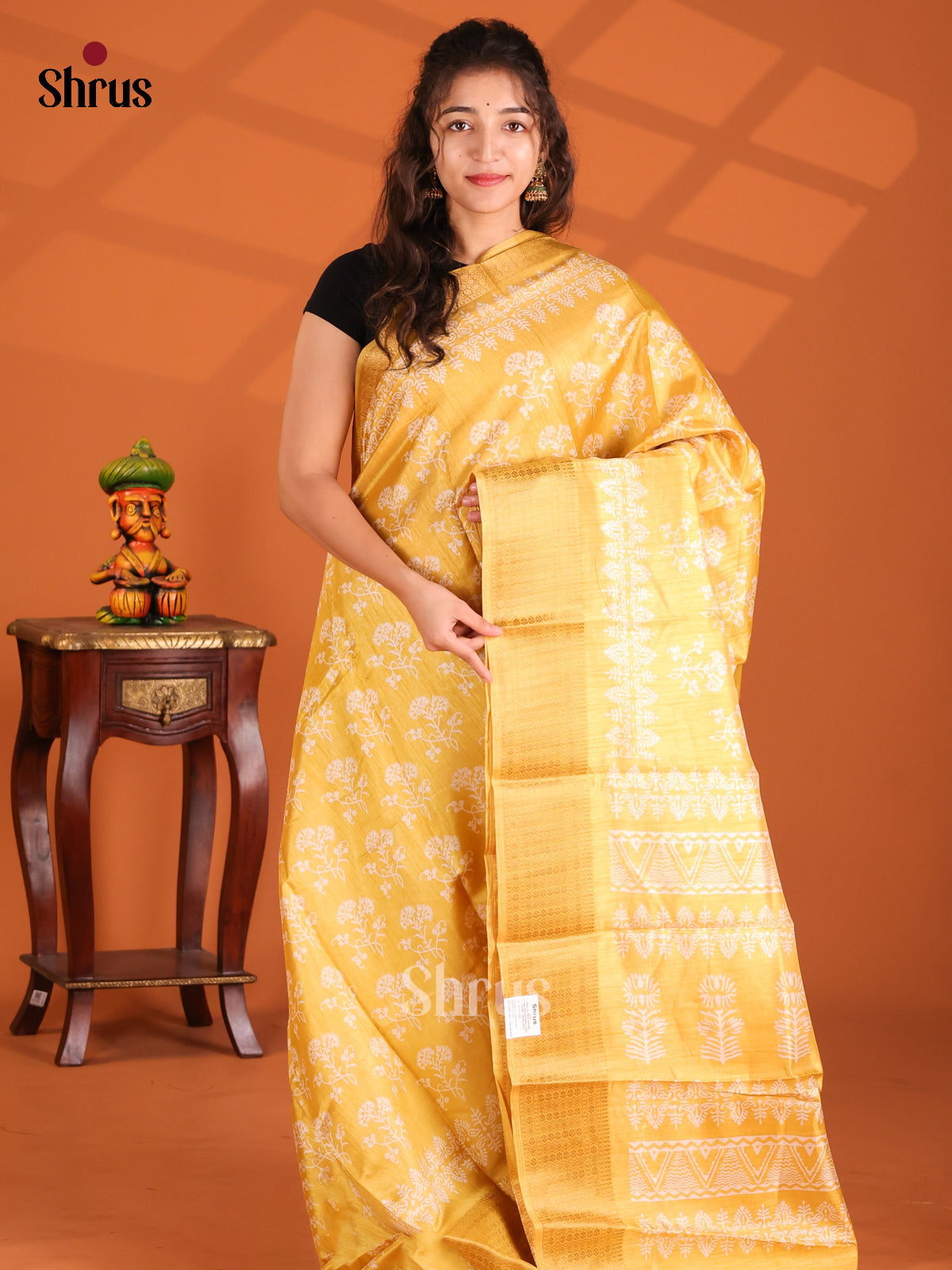 Yellow - Semi Crepe Saree - Shop on Shrus.com