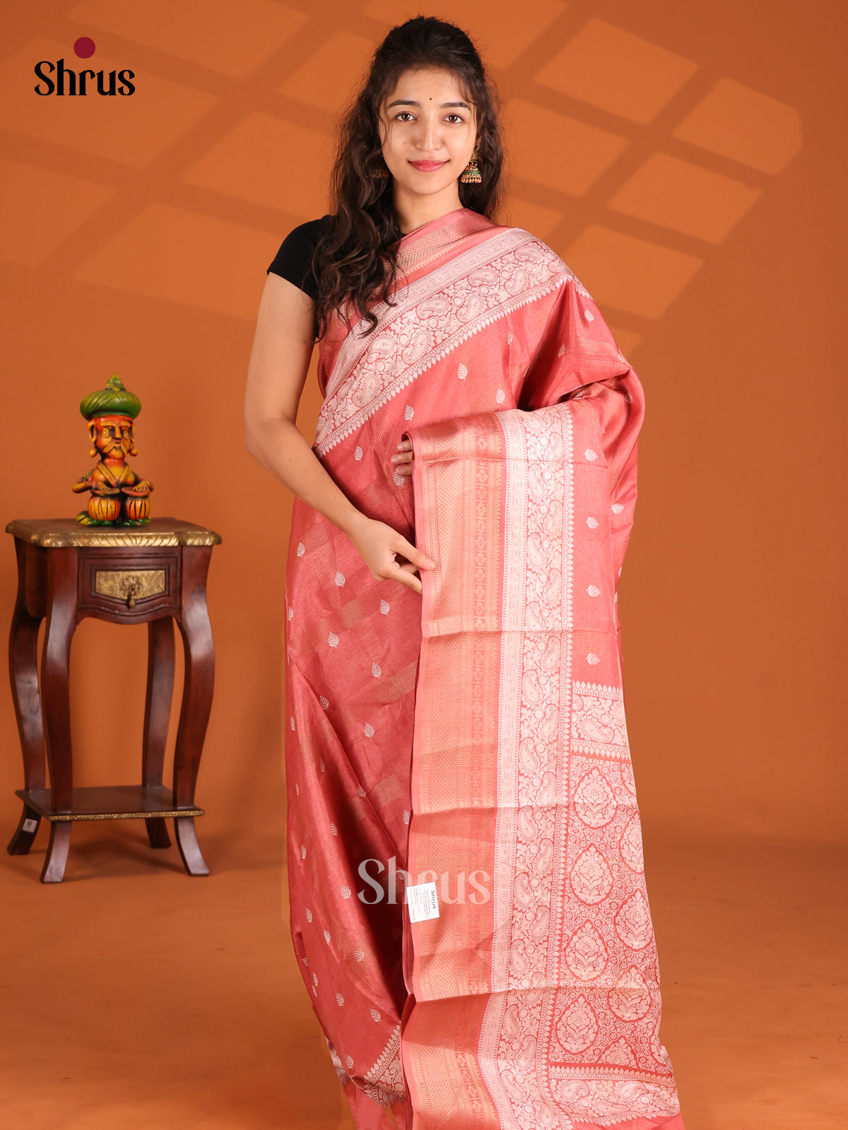 Peachish Pink - Semi Crepe Saree - Shop on Shrus.com