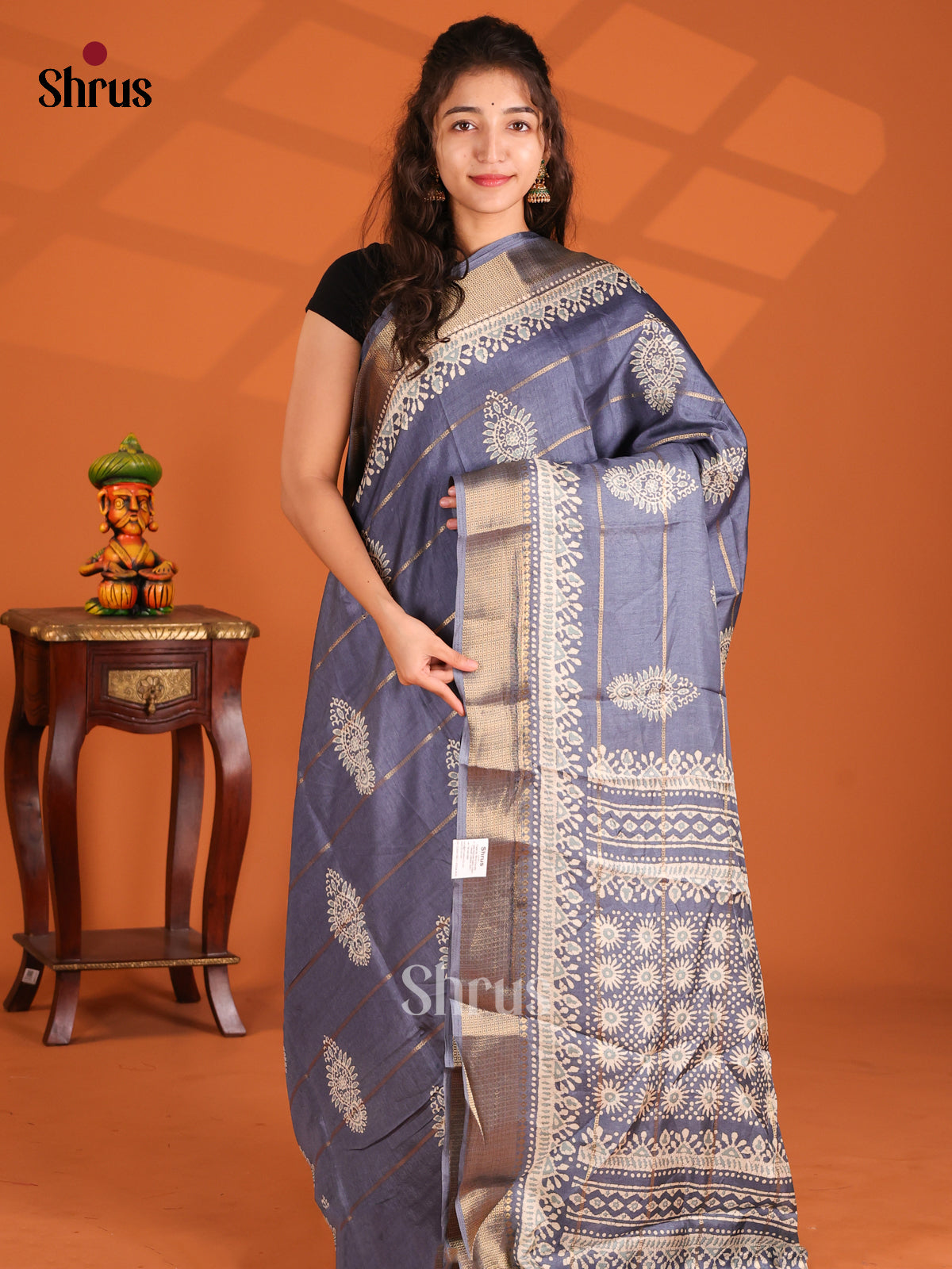 Greyish Blue - Semi Crepe Saree - Shop on Shrus.com
