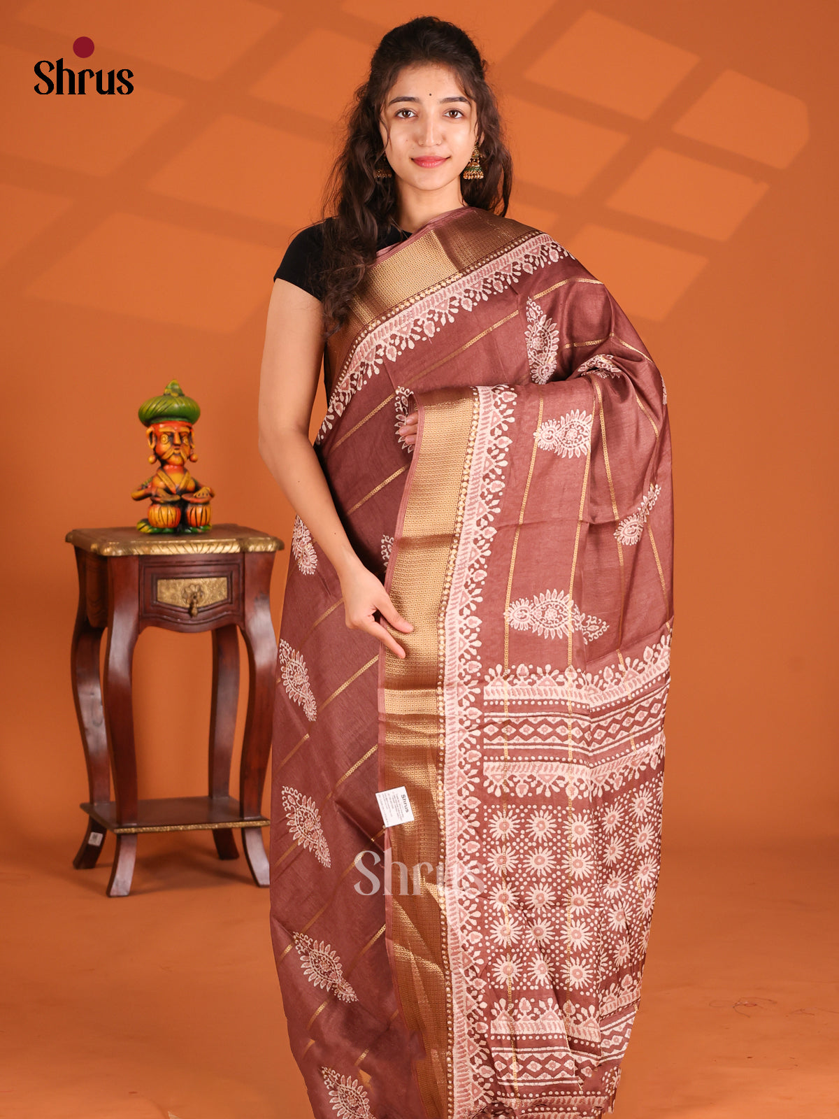 Brown - Semi Crepe Saree - Shop on Shrus.com