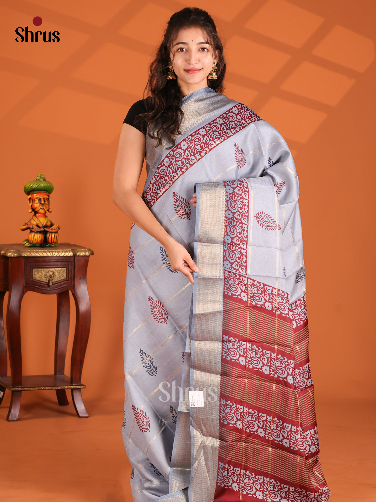 Grey & Maroon - Semi Crepe Saree - Shop on Shrus.com