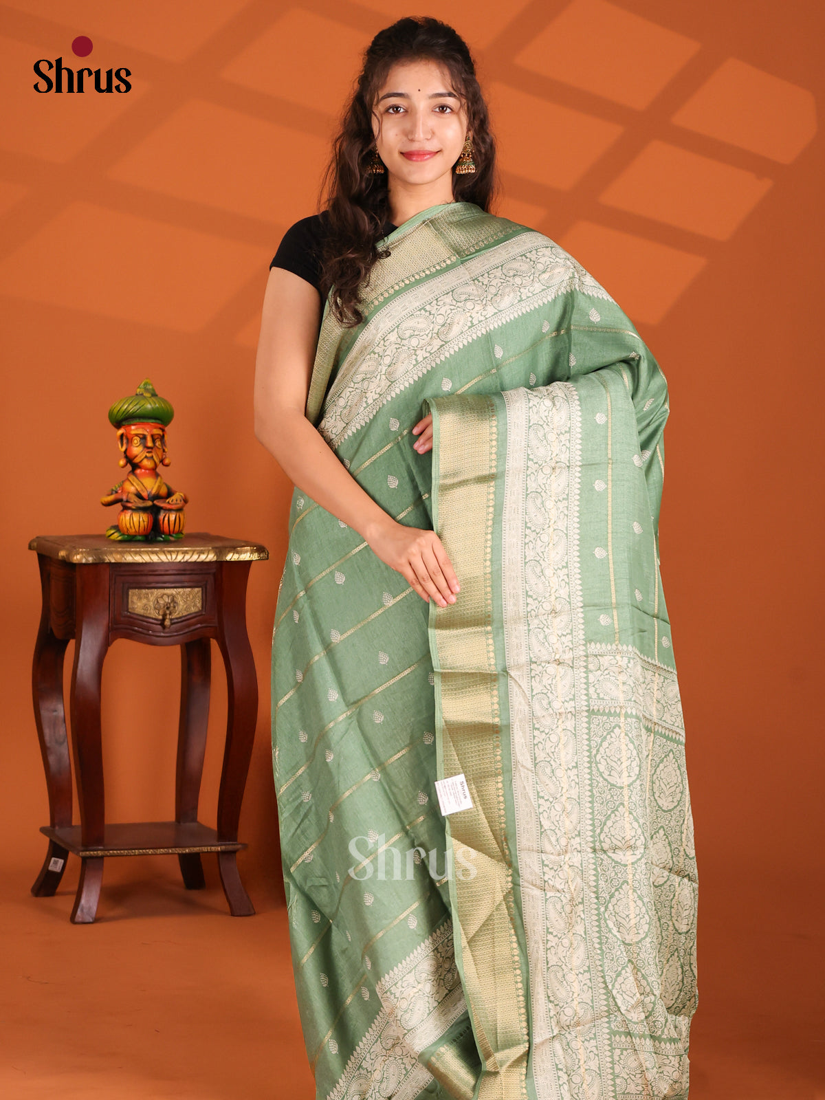 Pastel Green - Semi Crepe Saree - Shop on Shrus.com