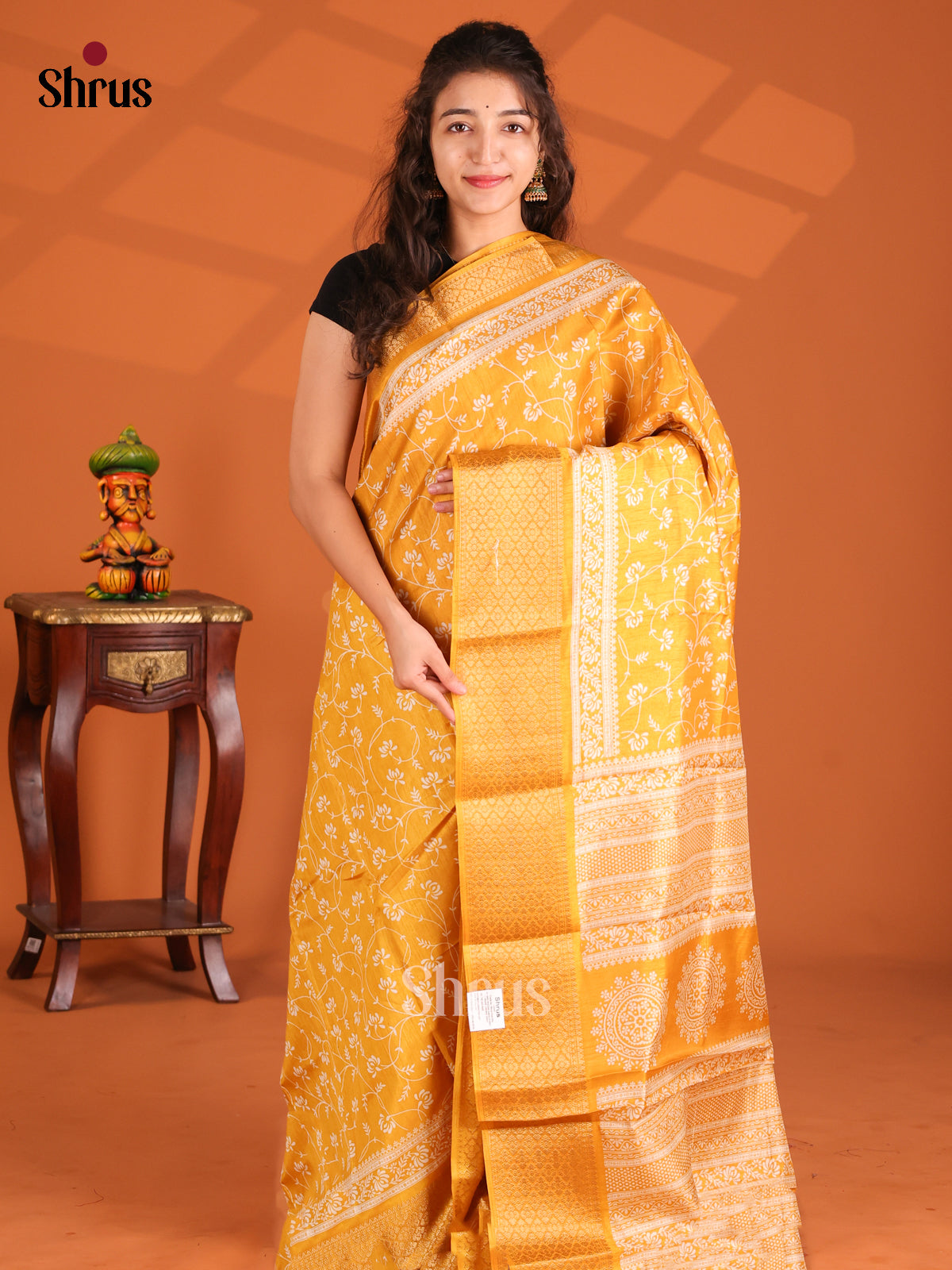 Yellow - Semi Crepe Saree - Shop on Shrus.com