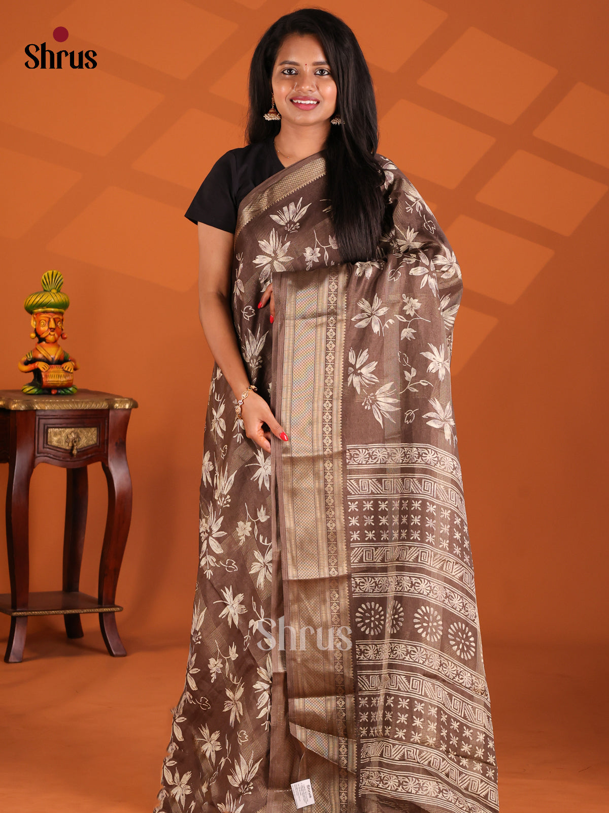 Brown - Semi Crepe Saree - Shop on Shrus.com