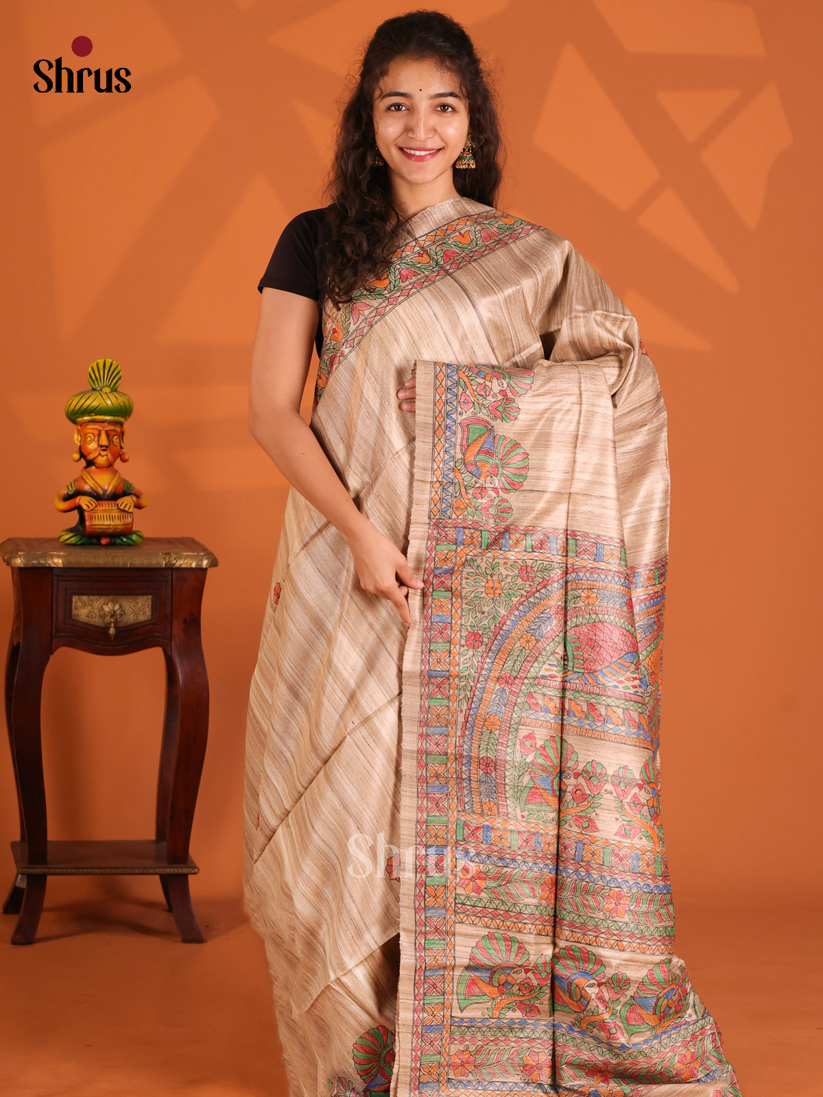 Cream- Tussar Saree - Shop on Shrus.com