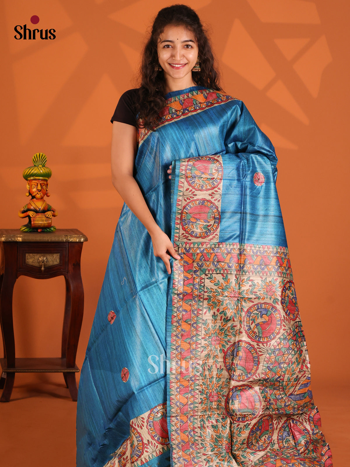 Blue & Beige - Tussar Saree