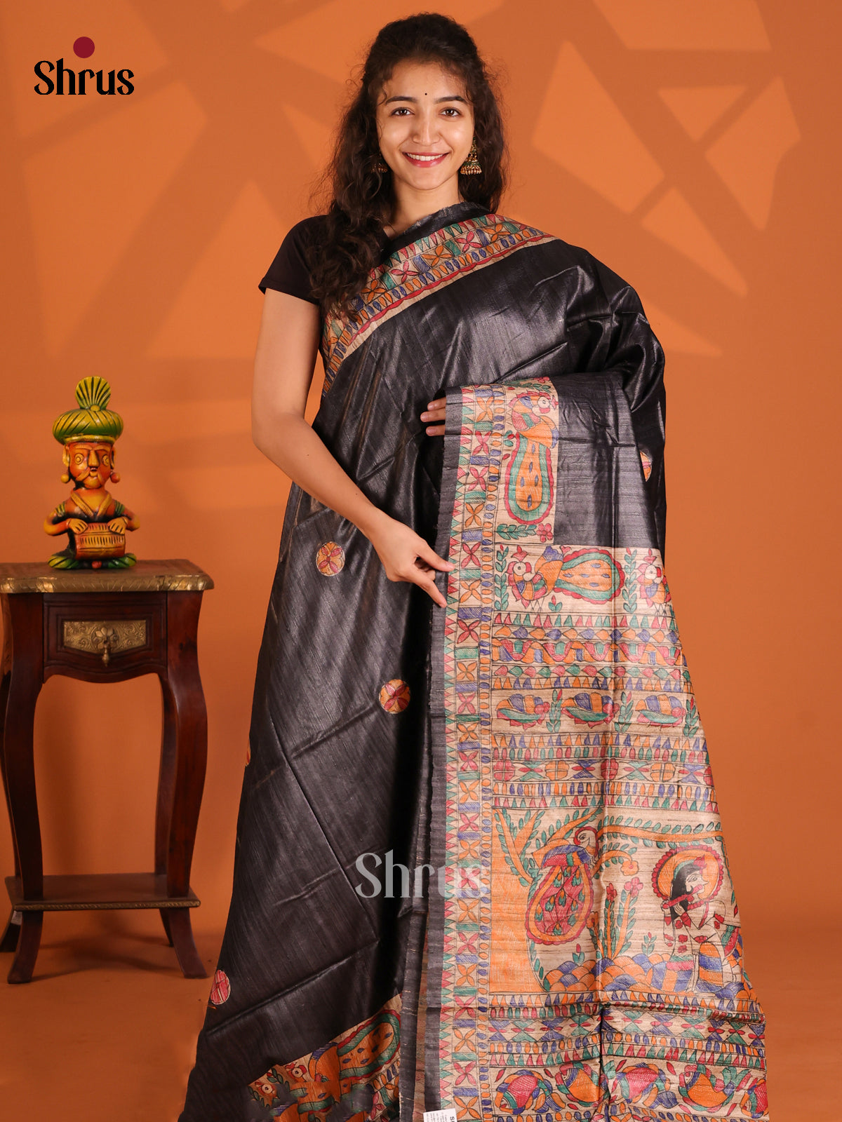 Black & Beige - Tussar Saree - Shop on Shrus.com