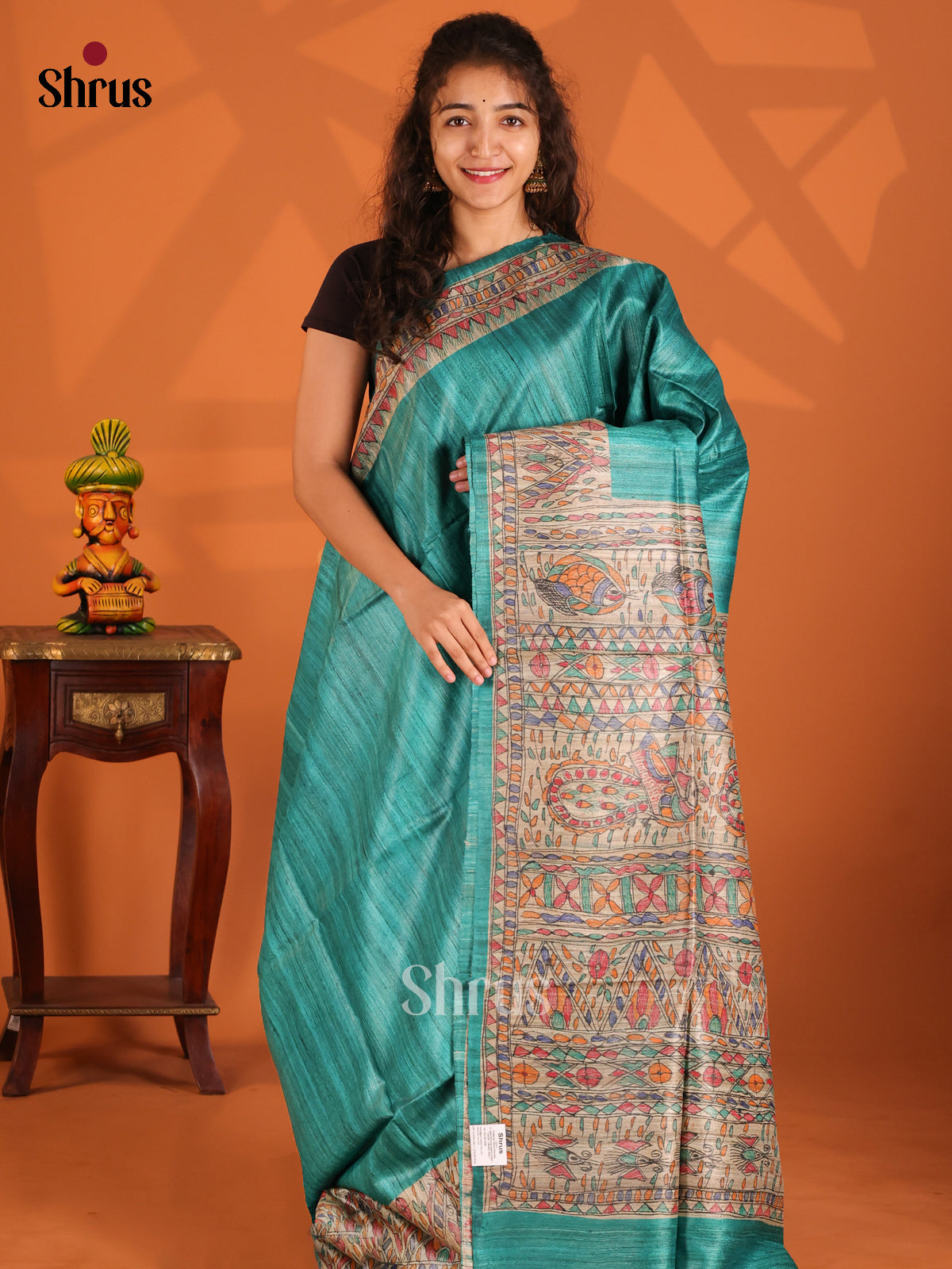 Teal - Tussar Saree - Shop on Shrus.com