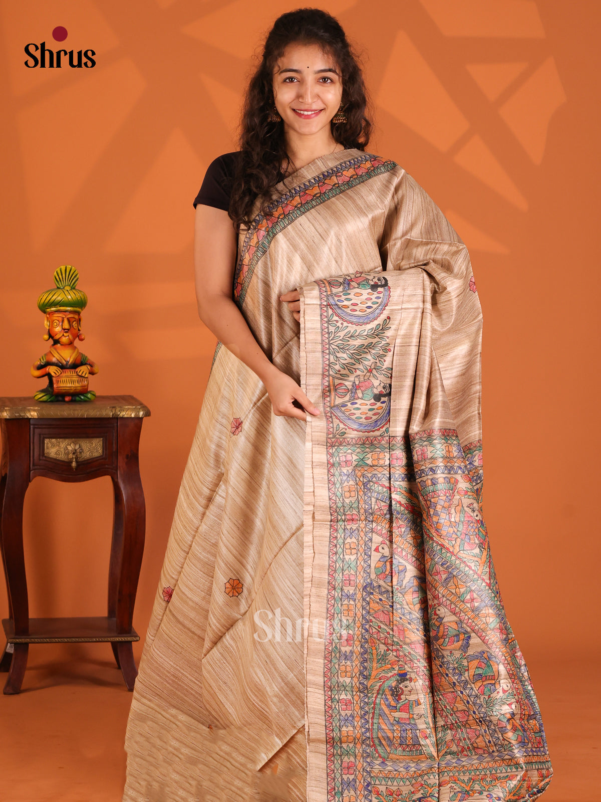 Beige(Single Tone) - Tussar Saree - Shop on Shrus.com
