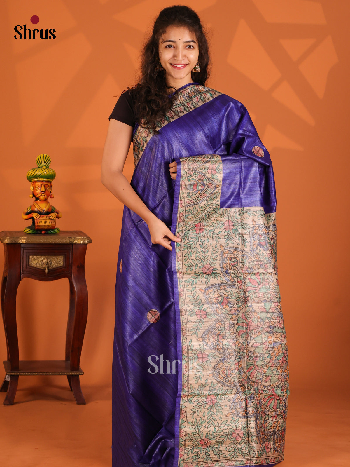 Blue & Beige- Tussar Saree - Shop on Shrus.com