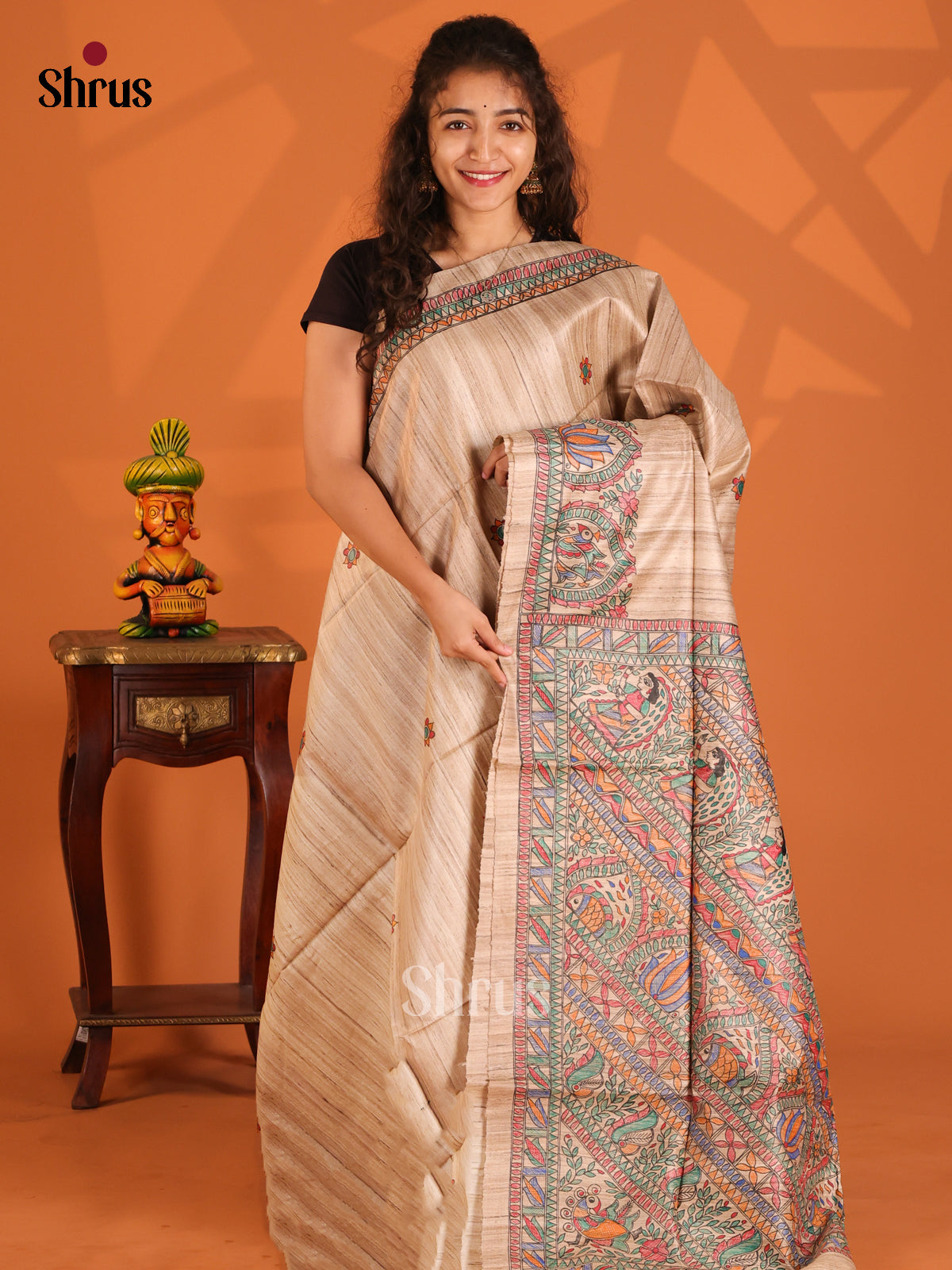 Cream(Single Tone)- Tussar Saree - Shop on Shrus.com