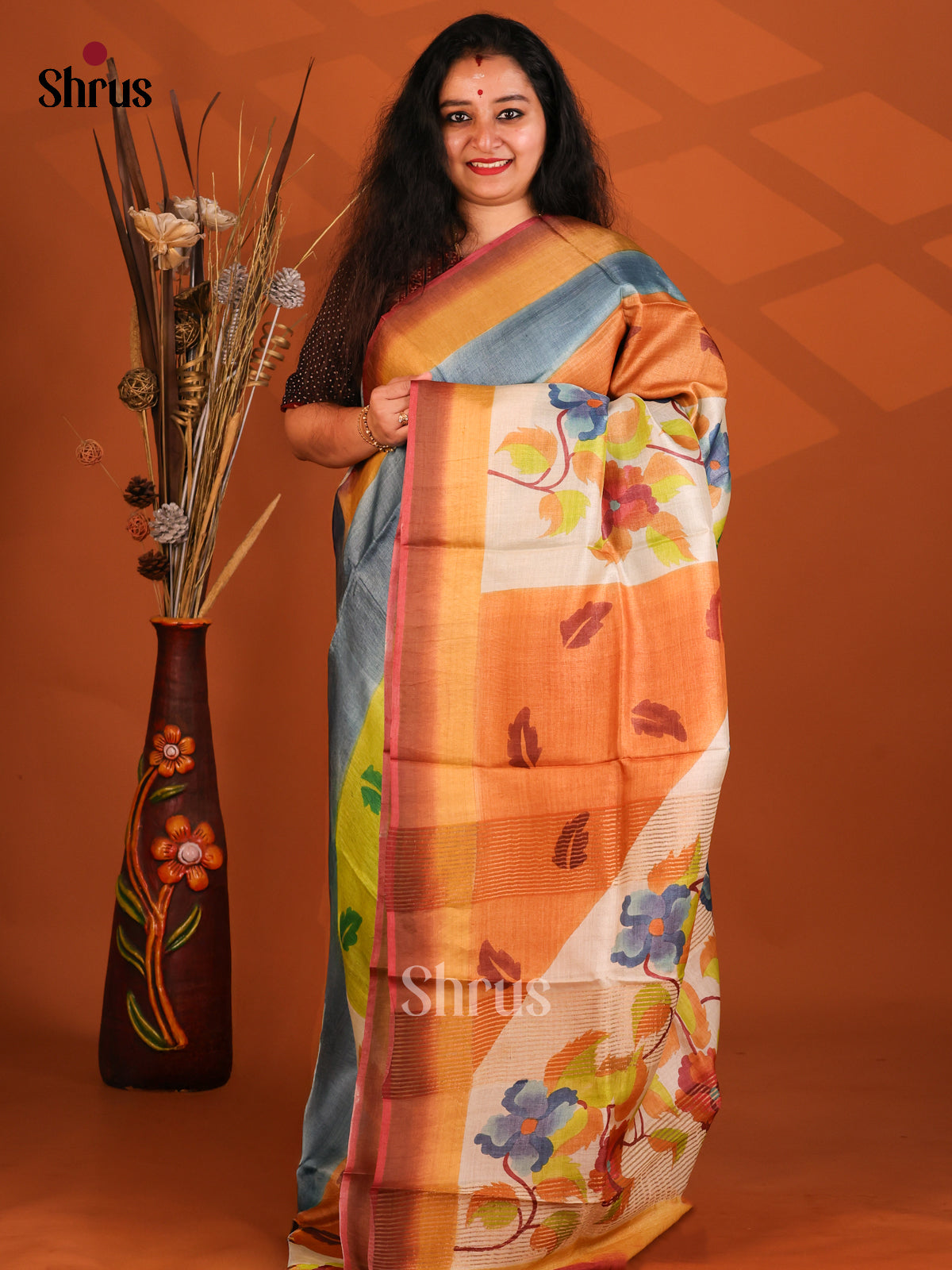 Grey & Orange - Tussar Saree