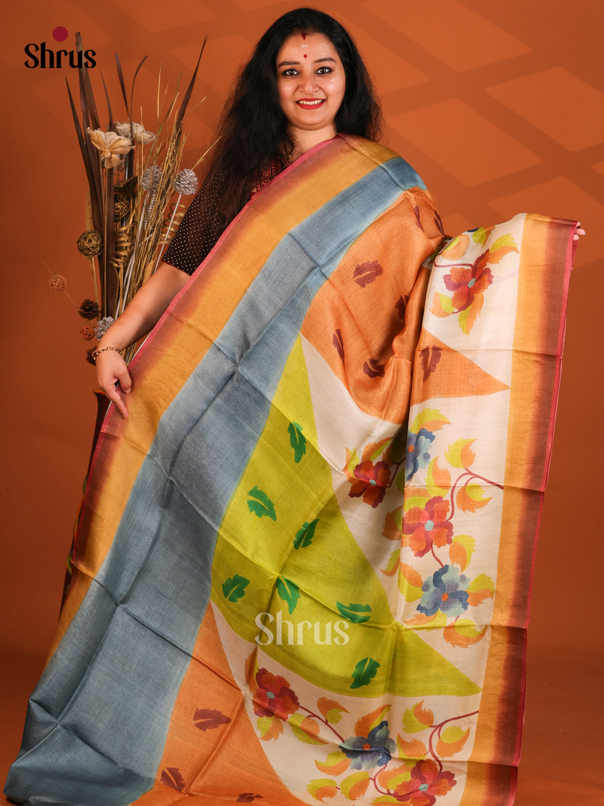 Grey & Orange - Tussar Saree-1