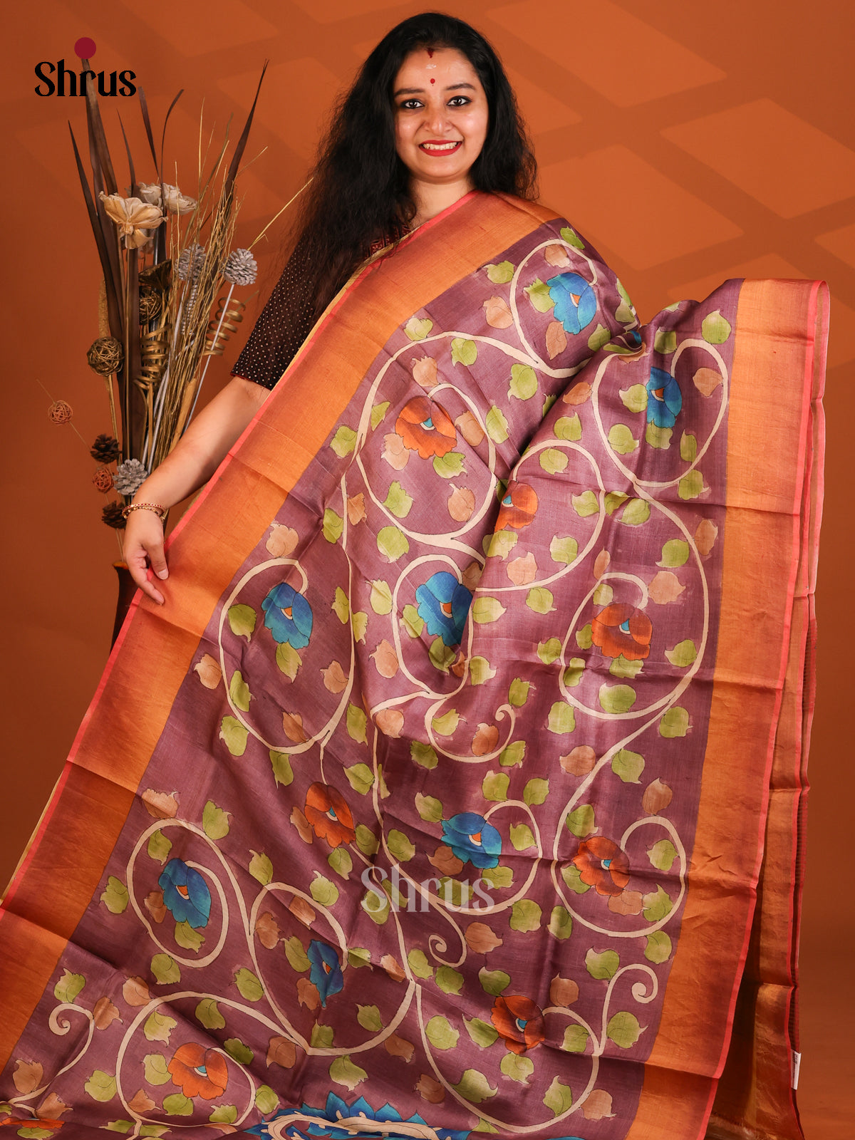 Brown & Mustard - Tussar Saree-1