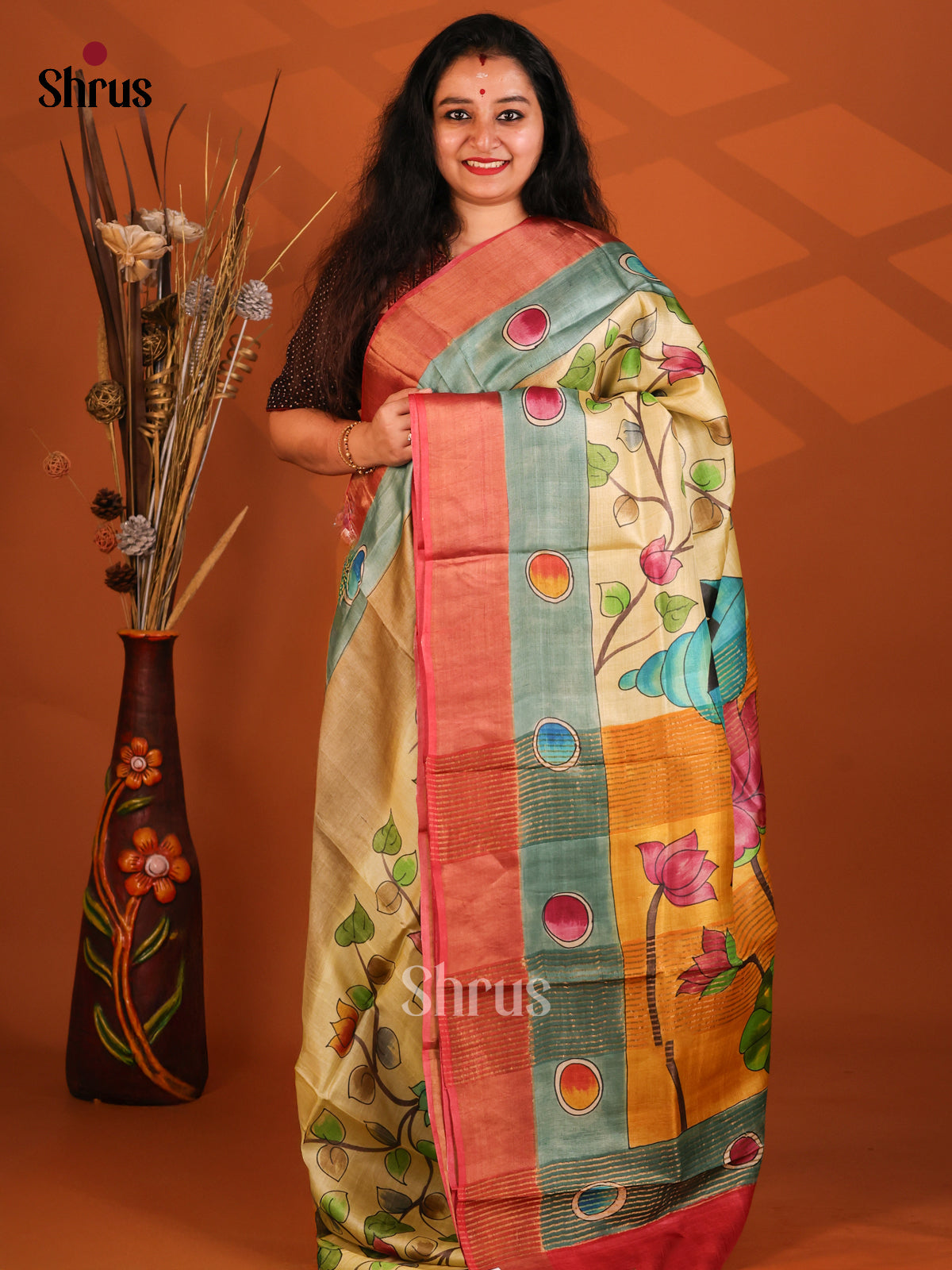 Beige & Red - Tussar Saree