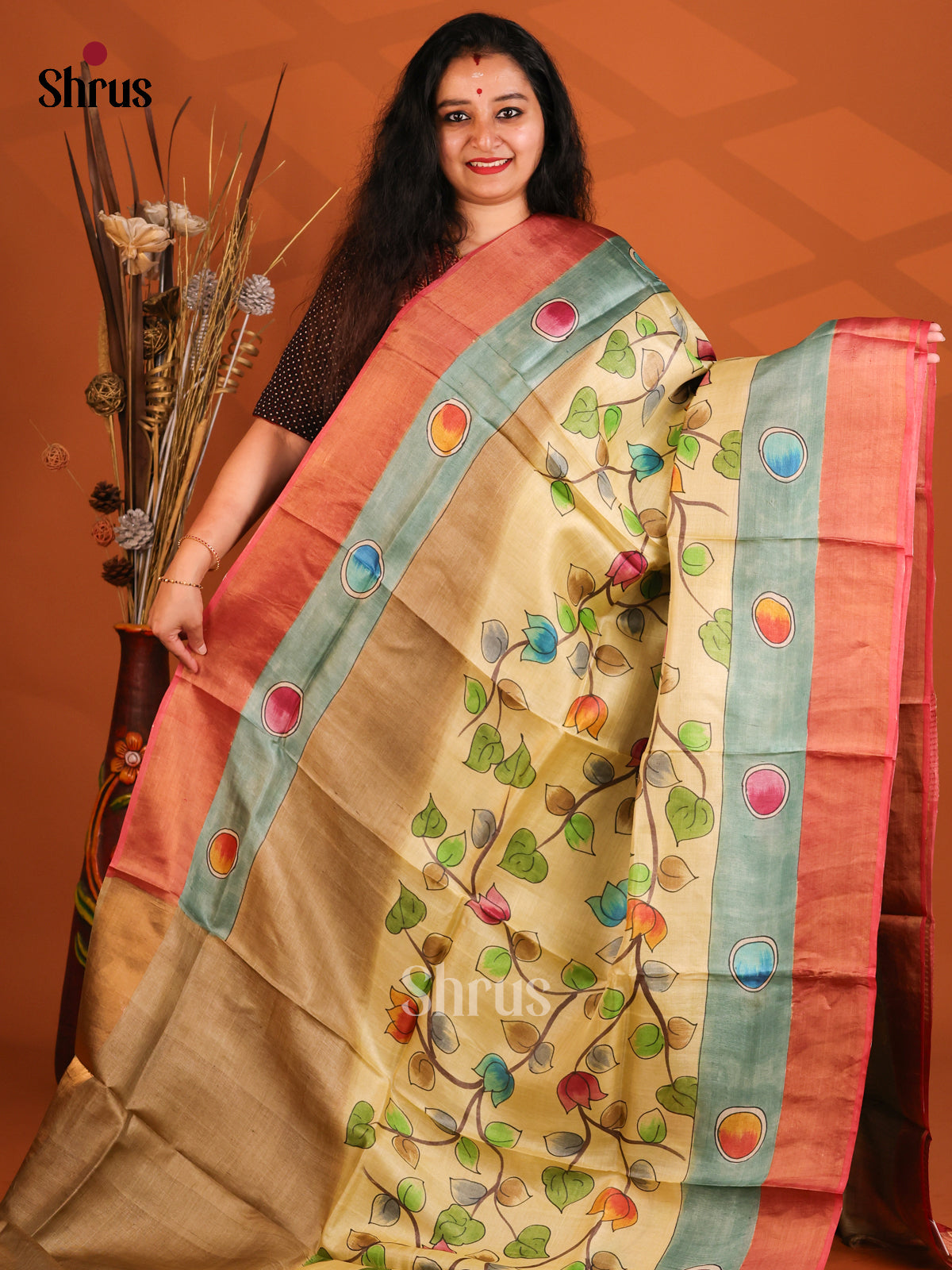 Beige & Red - Tussar Saree-1