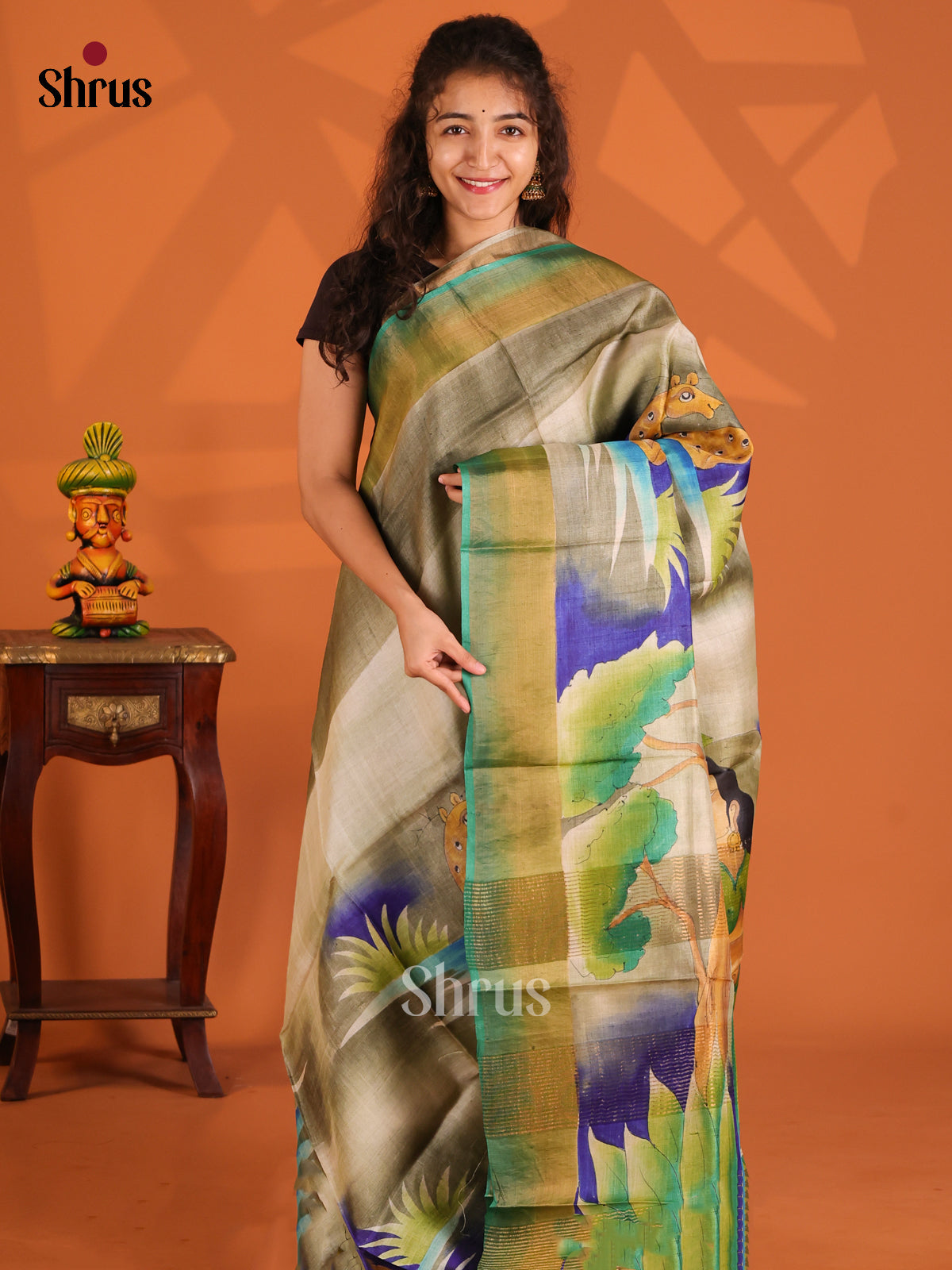 Grey & Green- Tussar Saree - Shop on Shrus.com