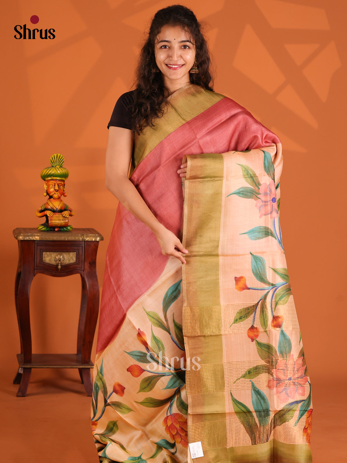 Red & Peach - Tussar Saree - Shop on Shrus.com